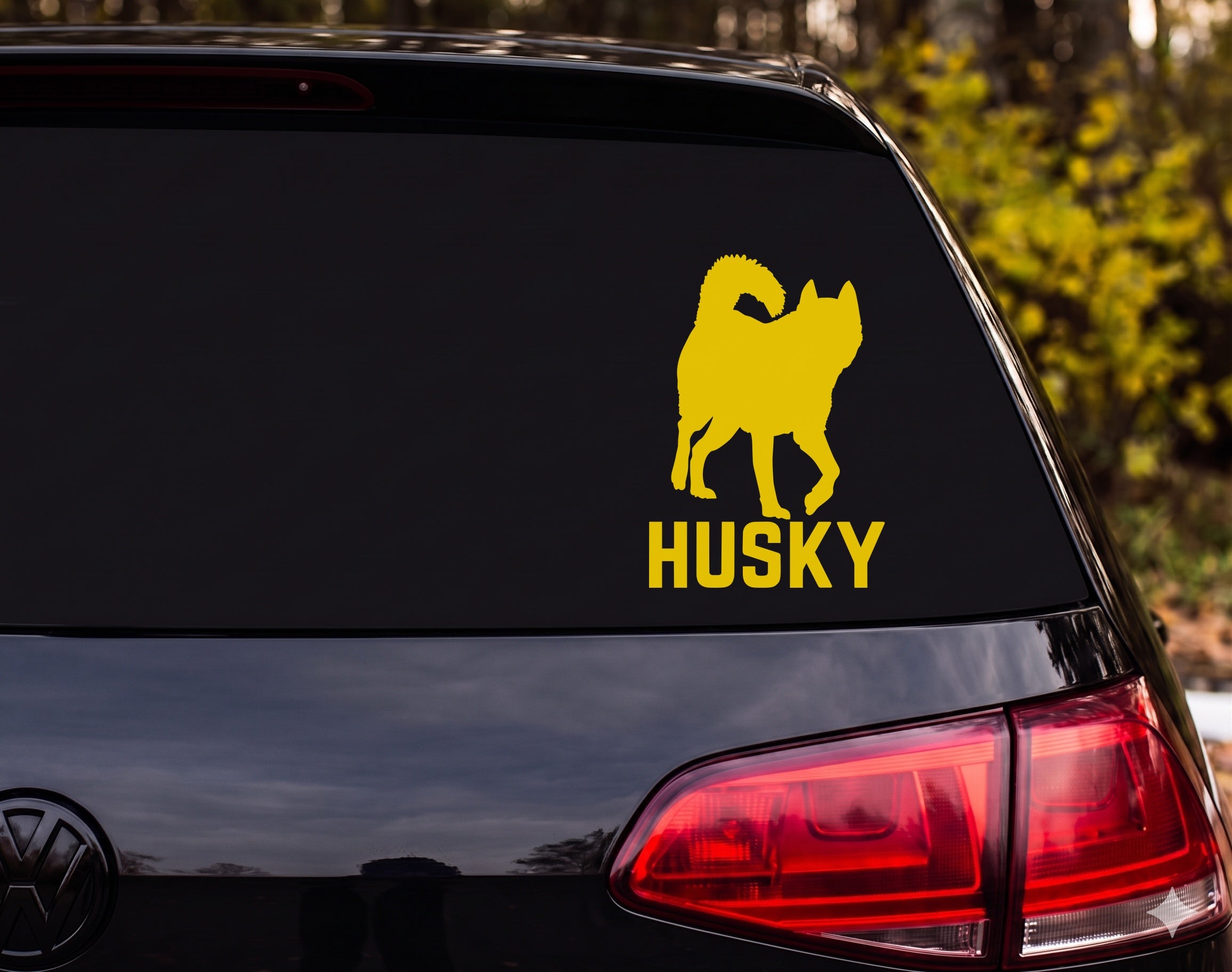 Husky Dog Standing Silhouette Curled Tail HUSKY Vinyl Decal Sticker Car Window - Yellow