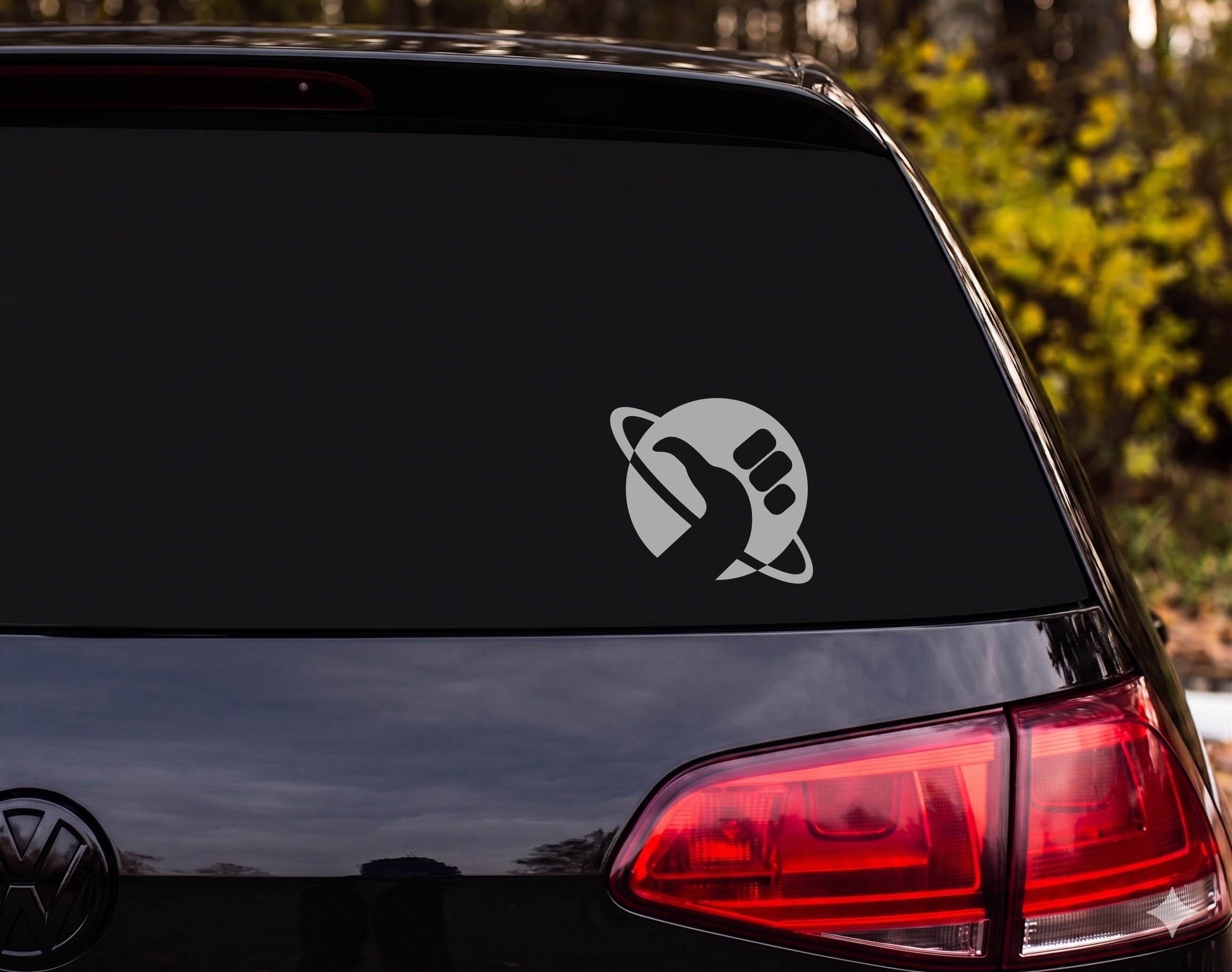 Rocket Ship Launching Silhouette Ringed Planet Flat Graphic Vinyl Decal Sticker - Silver