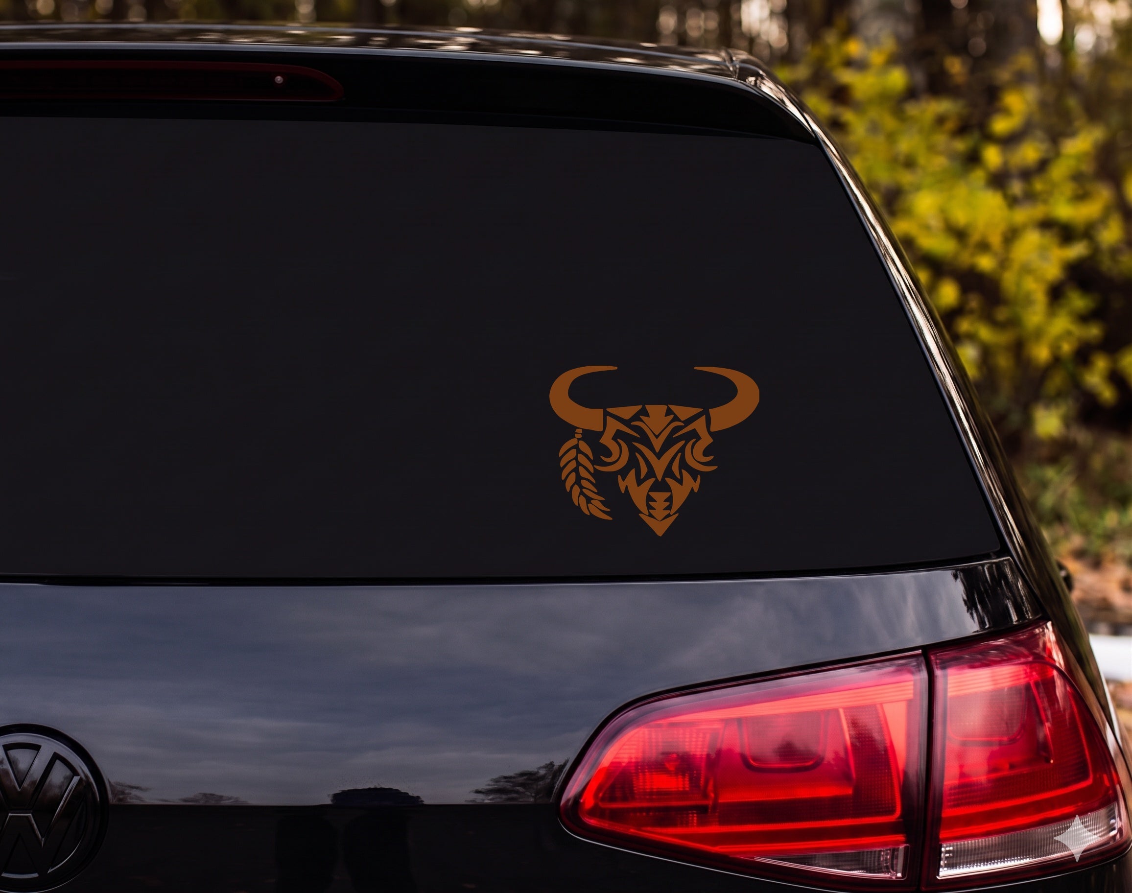 Tribal Bison Buffalo Head Silhouette Geometric Flame Feather Horn Vinyl Decal - Brown