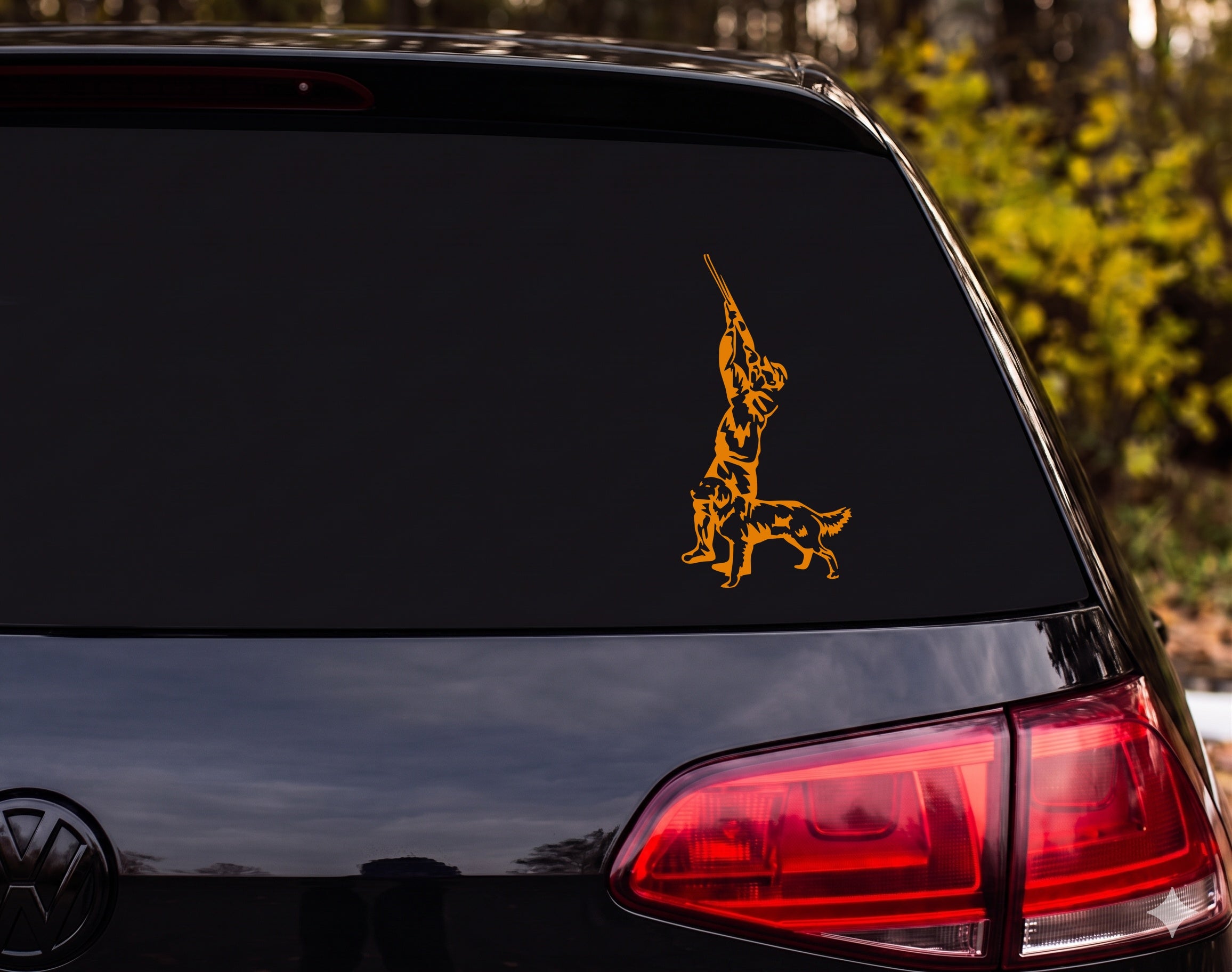 Hunter Shooting Shotgun with Lab Retriever Dog Stencil Vinyl Decal Sticker Car - Orange