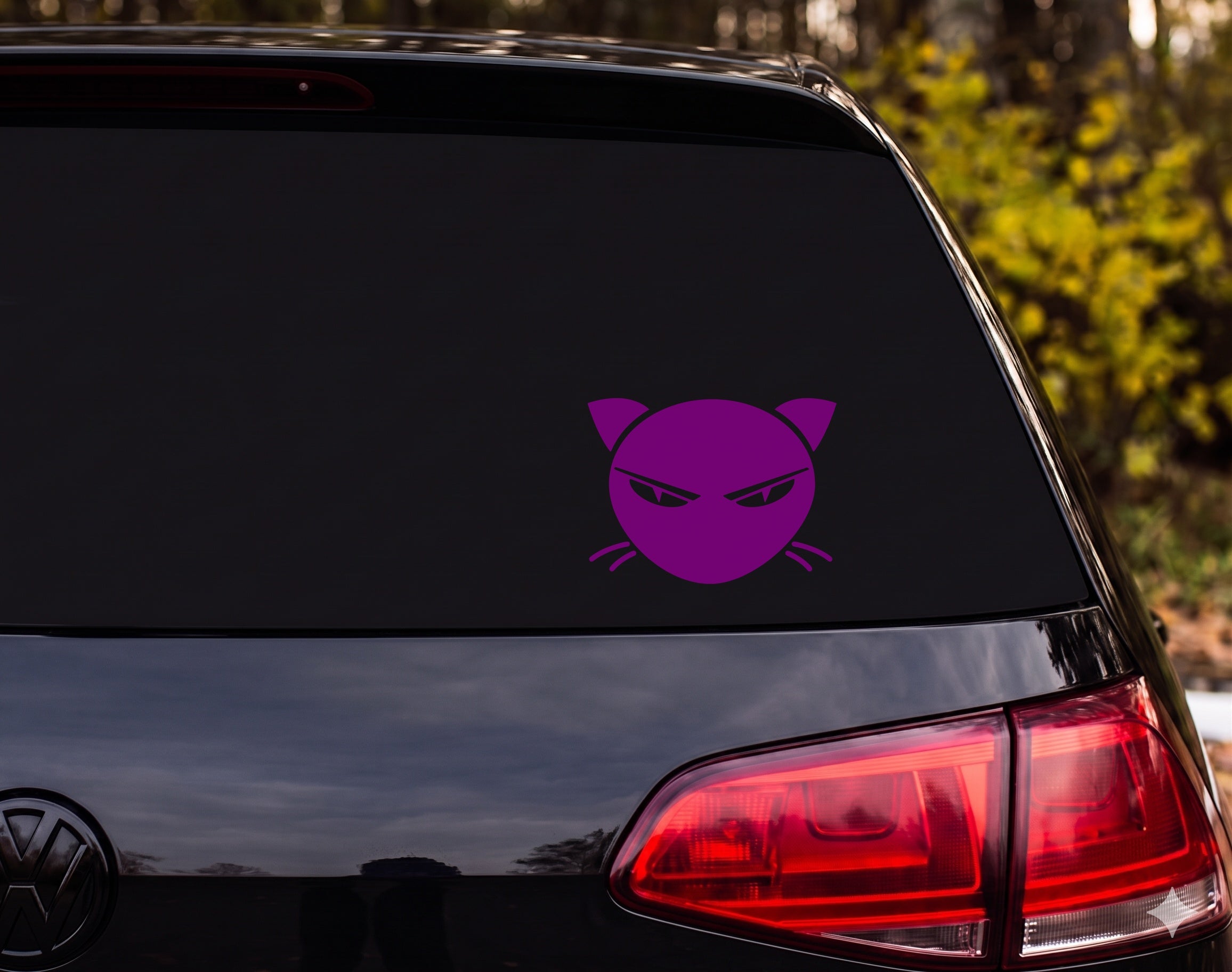 Angry Cat Face Silhouette Narrowed Eyes Slit Pupils Vinyl Decal Sticker Car - Purple