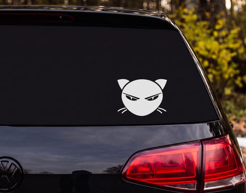 Angry Cat Face Silhouette Narrowed Eyes Slit Pupils Vinyl Decal Sticker Car - White