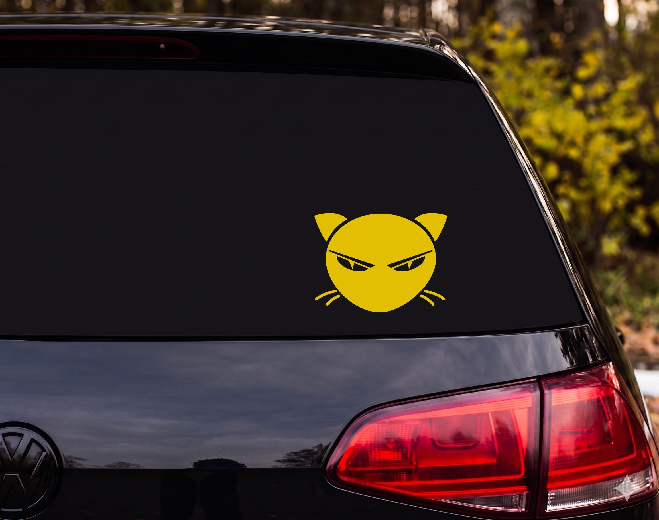 Angry Cat Face Silhouette Narrowed Eyes Slit Pupils Vinyl Decal Sticker Car - Yellow
