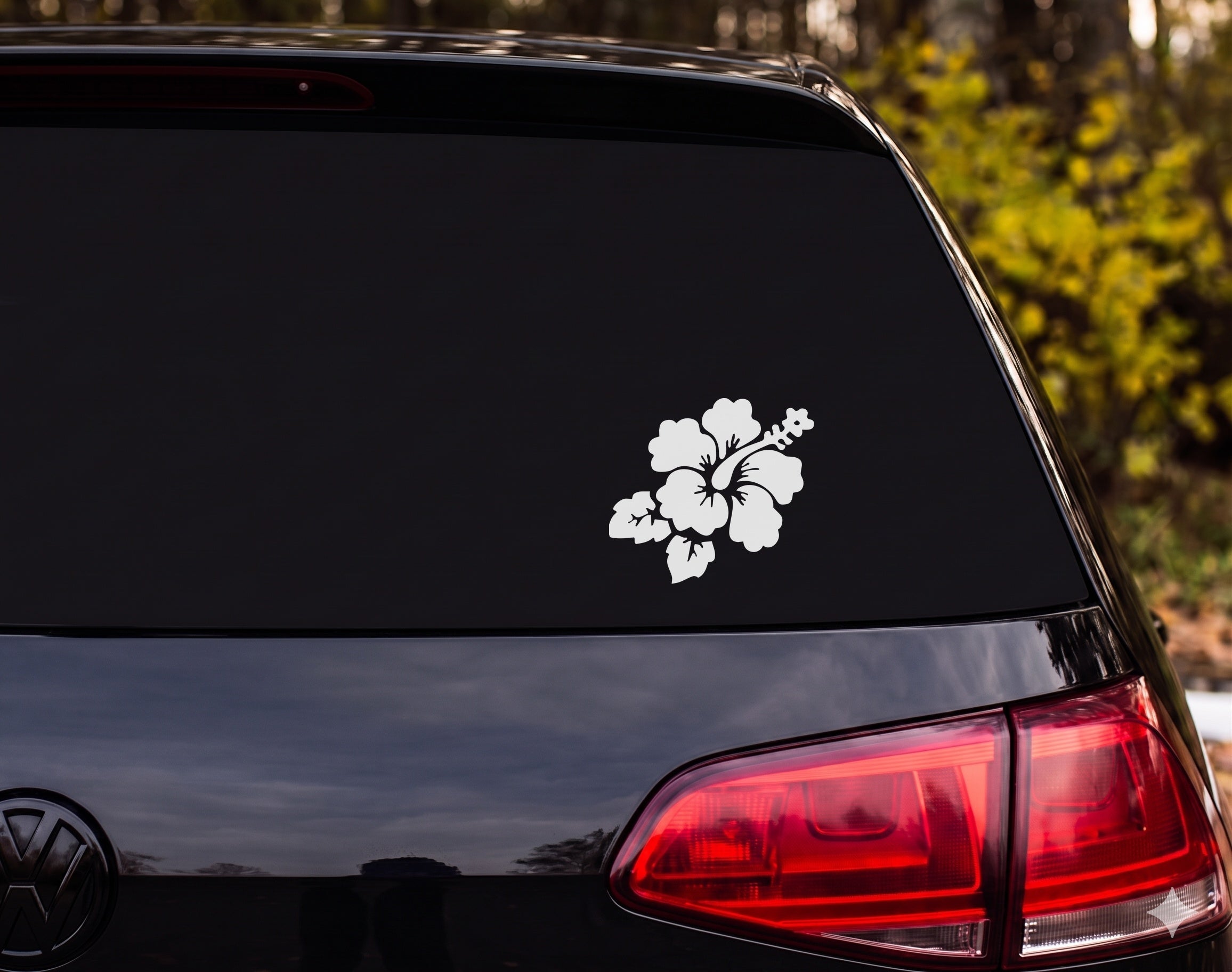 Hibiscus Flower Silhouette Full Bloom Bud Leaves Vinyl Decal Sticker - White