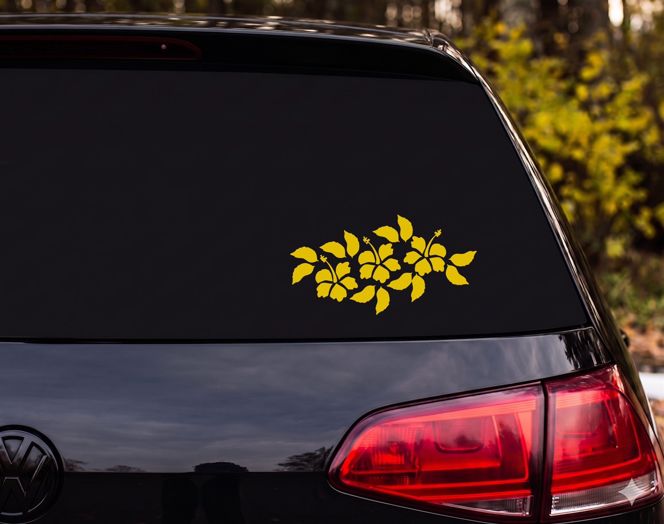 Hibiscus Branch Silhouette Three Flowers Leaves Vinyl Decal Sticker Car Window - Yellow