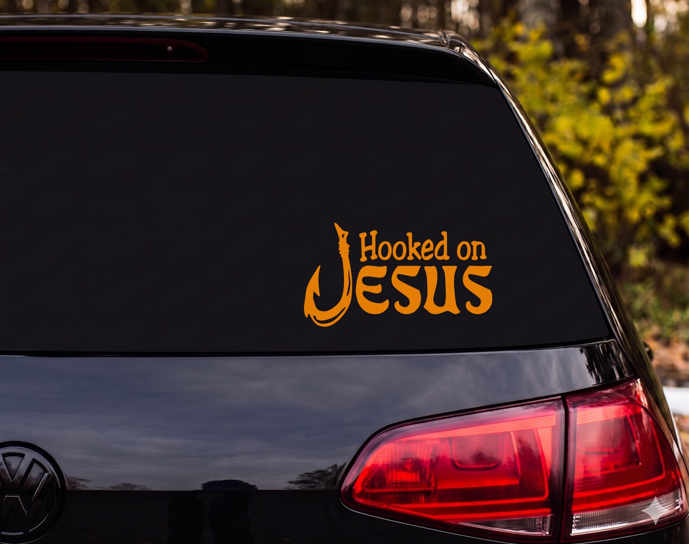 Hooked on Jesus Fishing Hook Christian Vinyl Decal Sticker Car Window - Orange