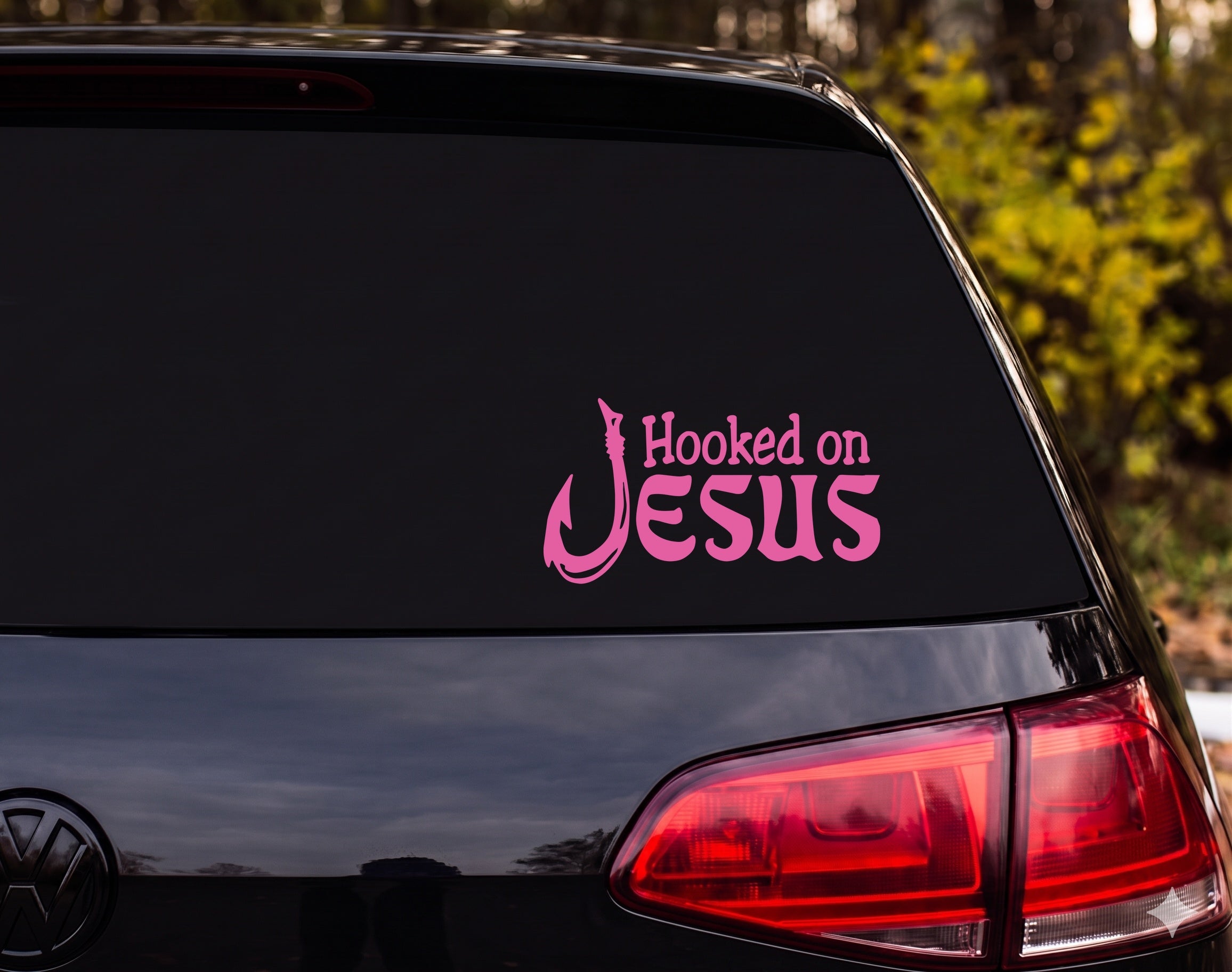 Hooked on Jesus Fishing Hook Christian Vinyl Decal Sticker Car Window - Pink