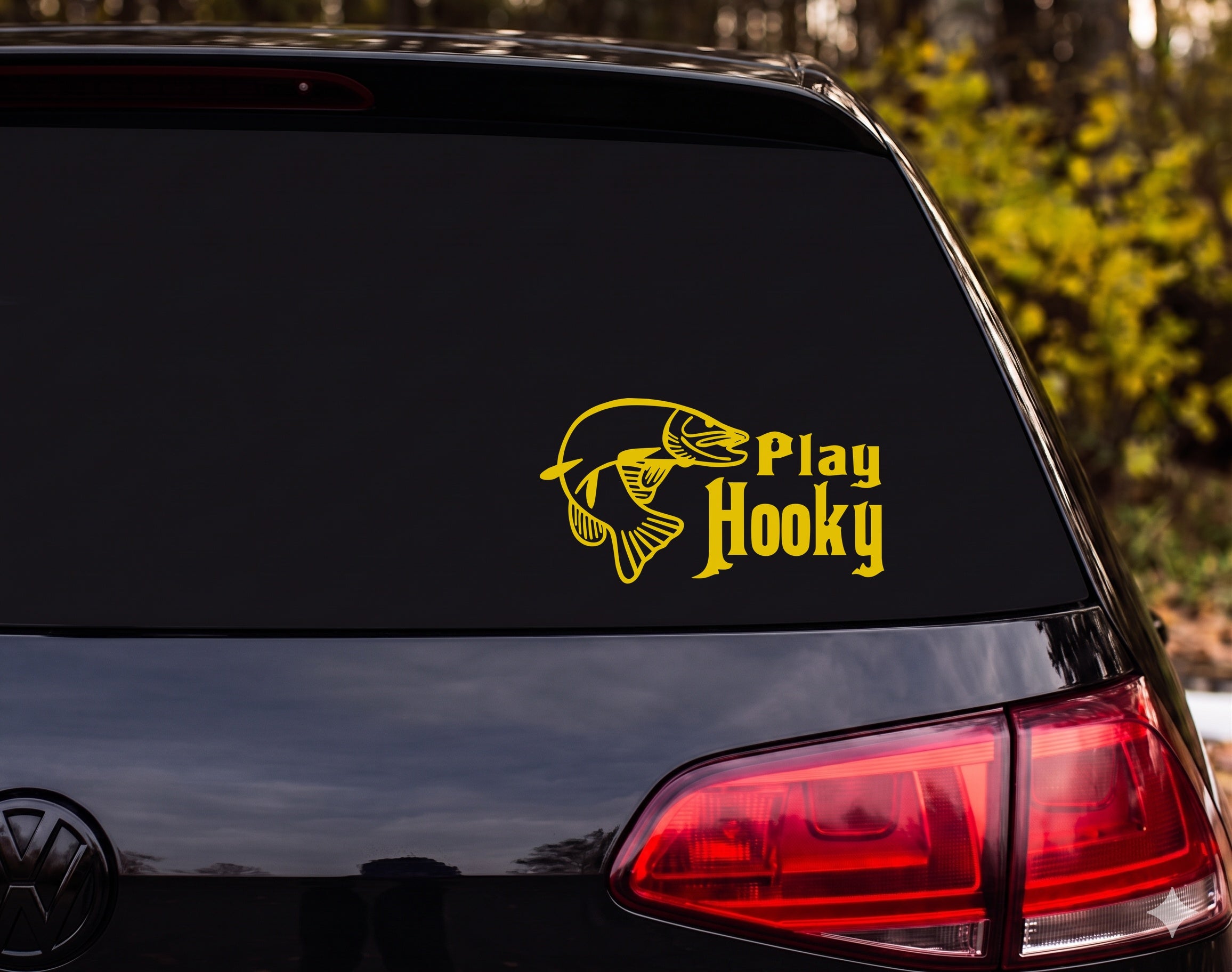 Muskie Pike Leaping Fish Outline Play Hooky Vinyl Decal Sticker Car Window - Yellow