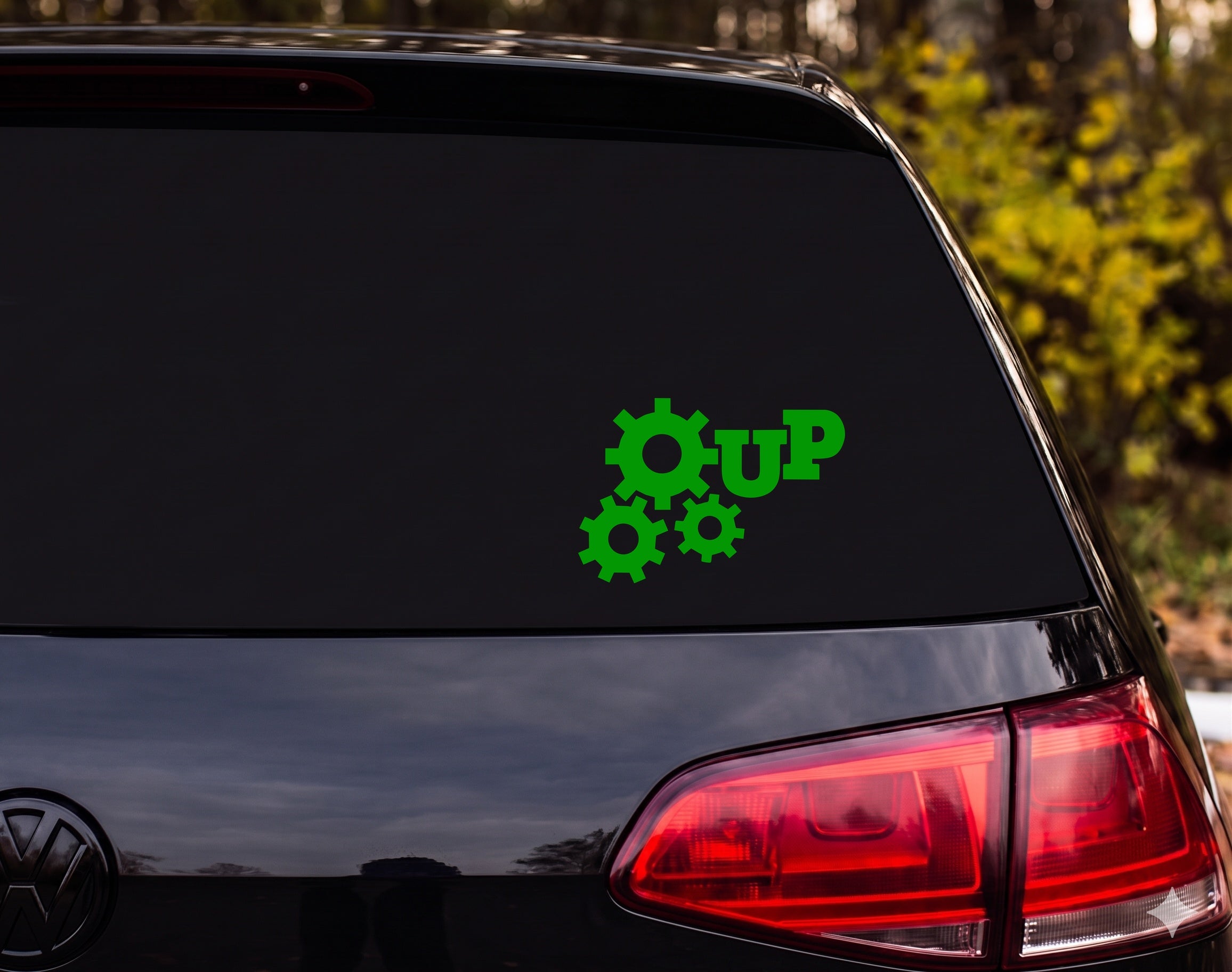 Three Interlocking Gears Silhouette UP Vinyl Decal Sticker Car Window Laptop - Green