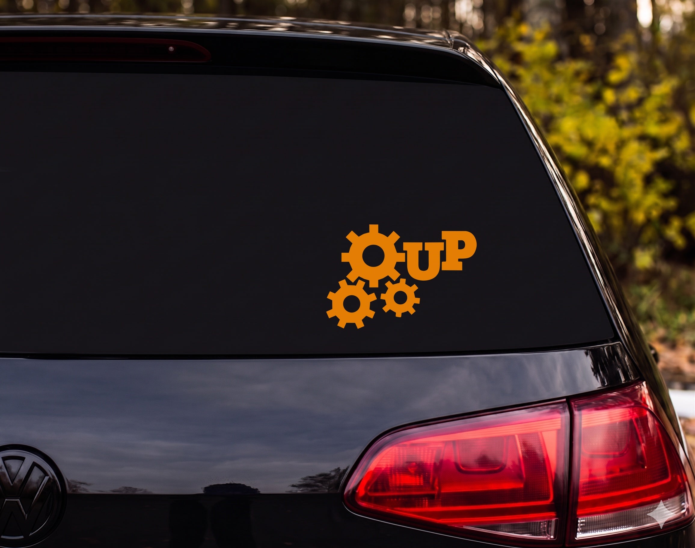 Three Interlocking Gears Silhouette UP Vinyl Decal Sticker Car Window Laptop - Orange