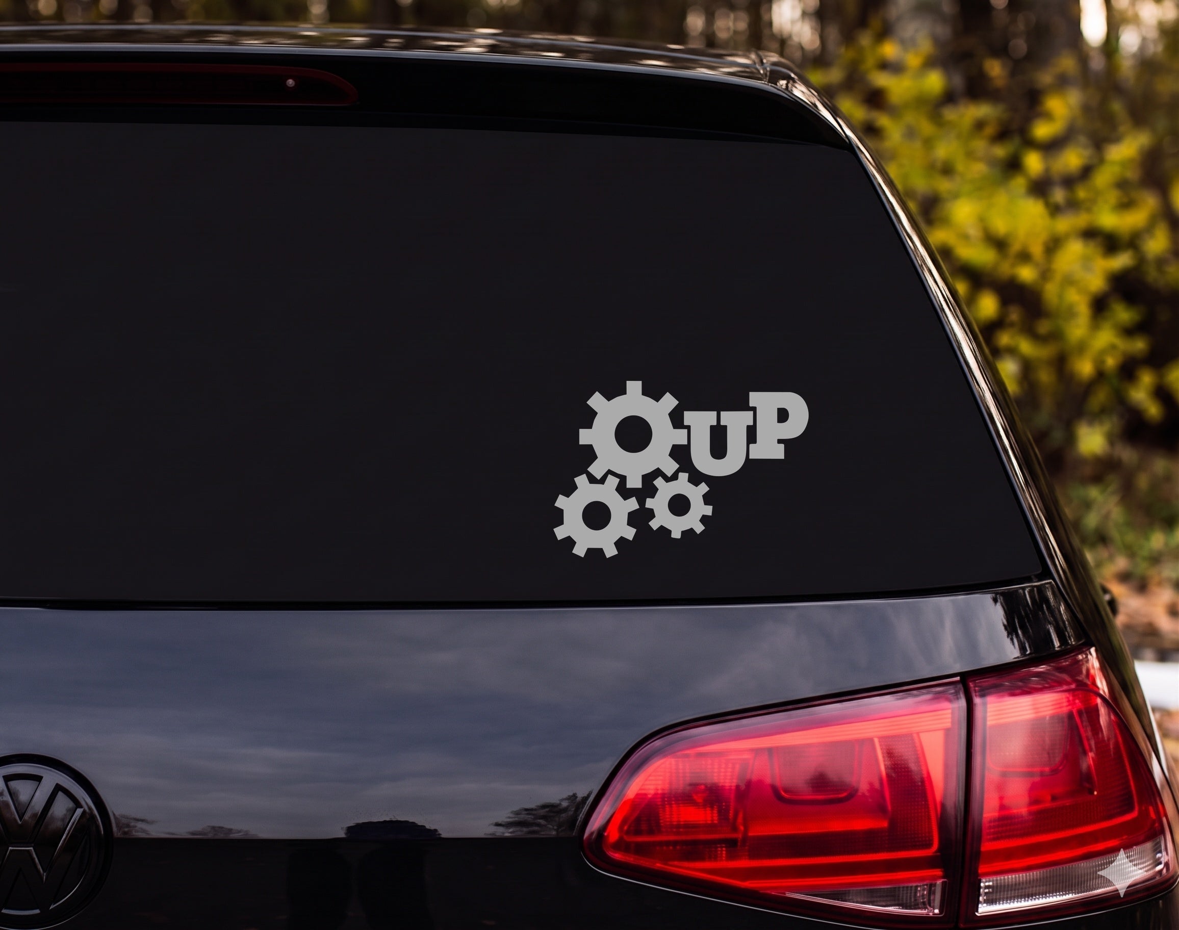 Three Interlocking Gears Silhouette UP Vinyl Decal Sticker Car Window Laptop - Silver