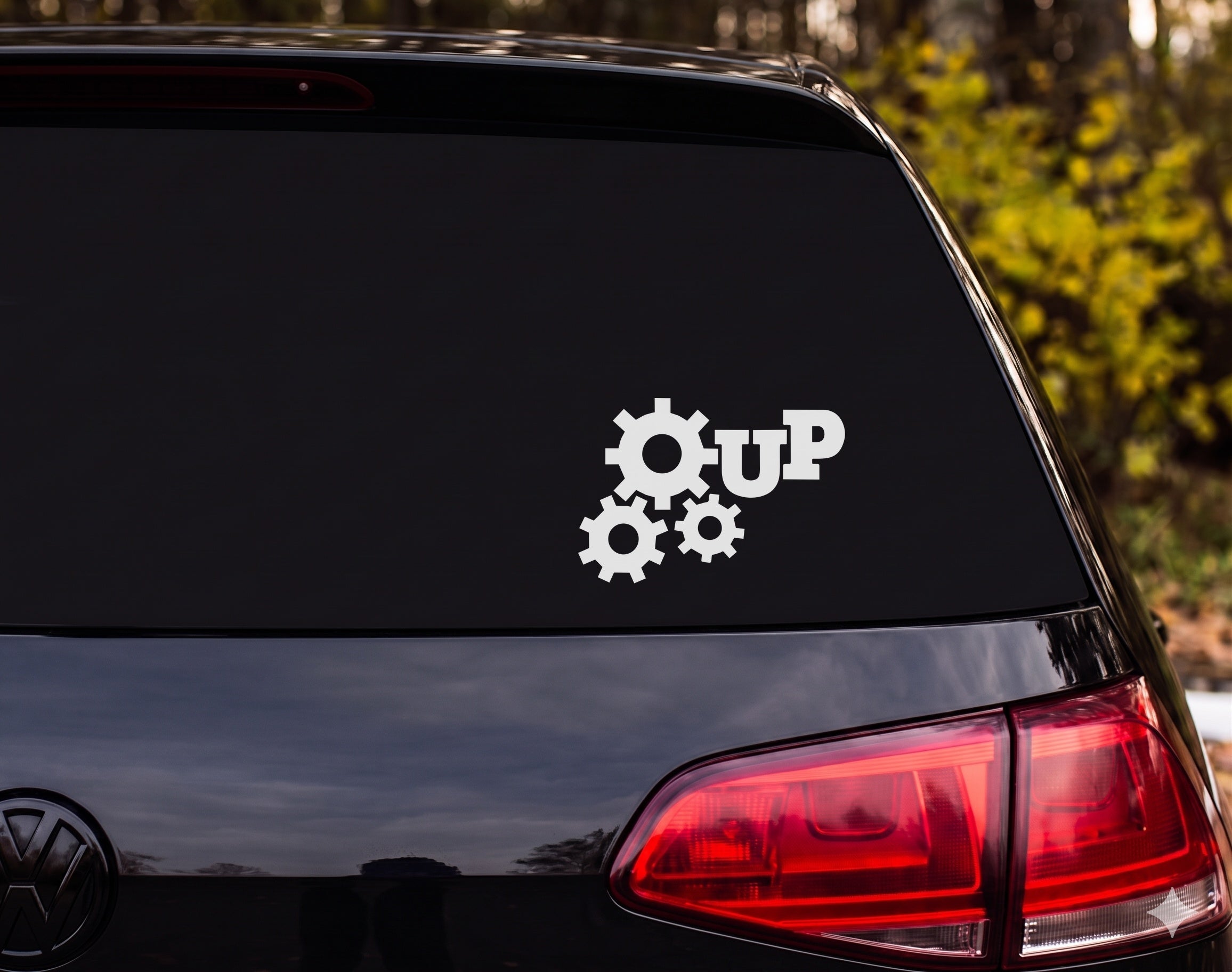 Three Interlocking Gears Silhouette UP Vinyl Decal Sticker Car Window Laptop - White