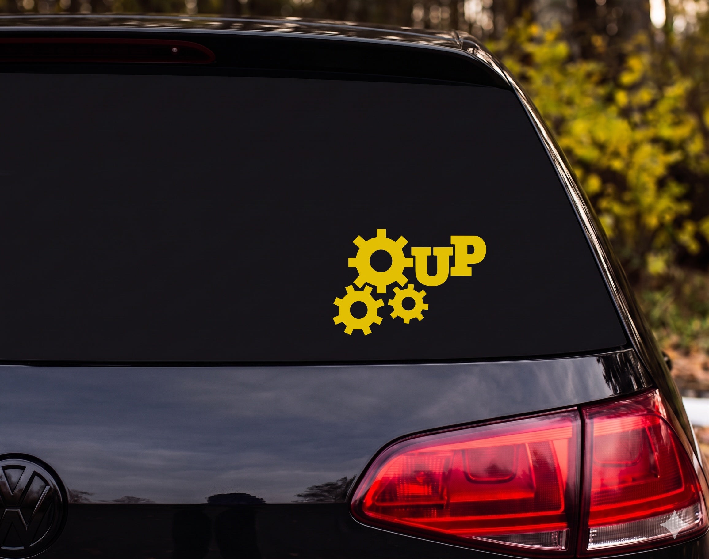 Three Interlocking Gears Silhouette UP Vinyl Decal Sticker Car Window Laptop - Yellow