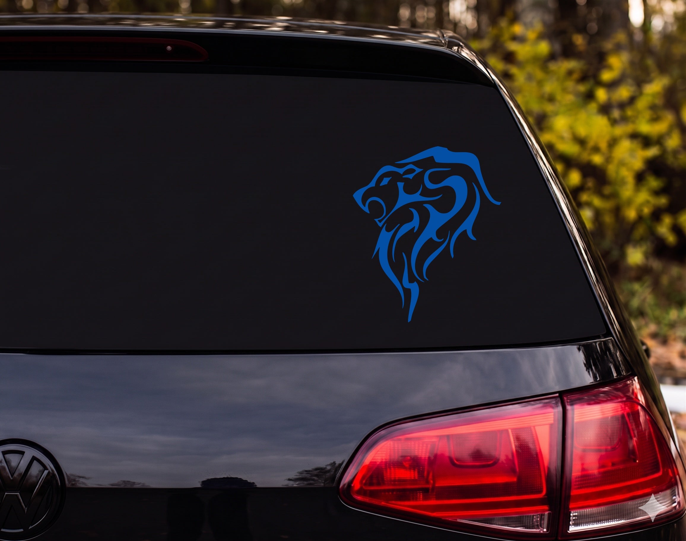 Tribal Lion Head Profile Silhouette Flame Mane Vinyl Decal Sticker Car Window - Blue