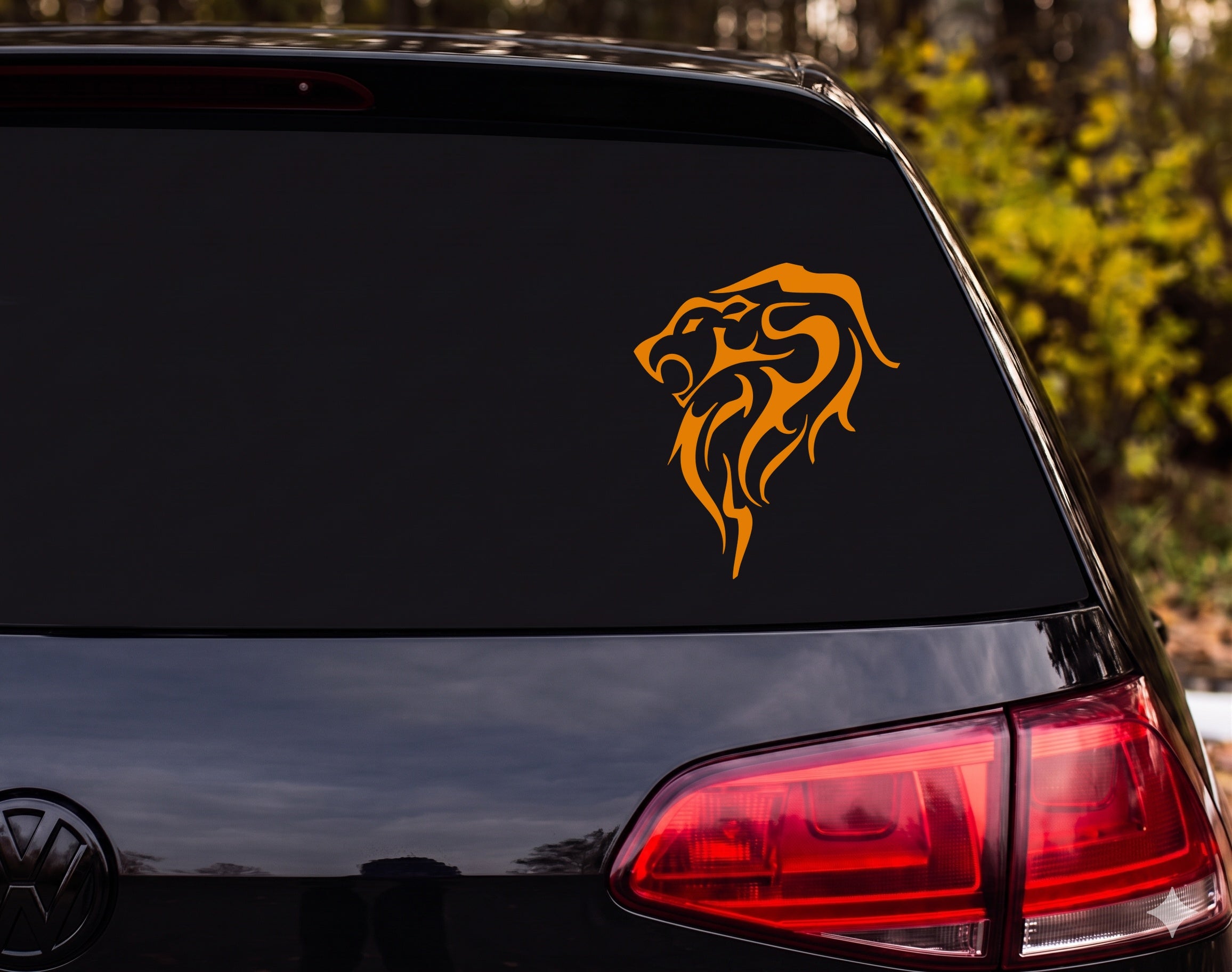 Tribal Lion Head Profile Silhouette Flame Mane Vinyl Decal Sticker Car Window - Orange