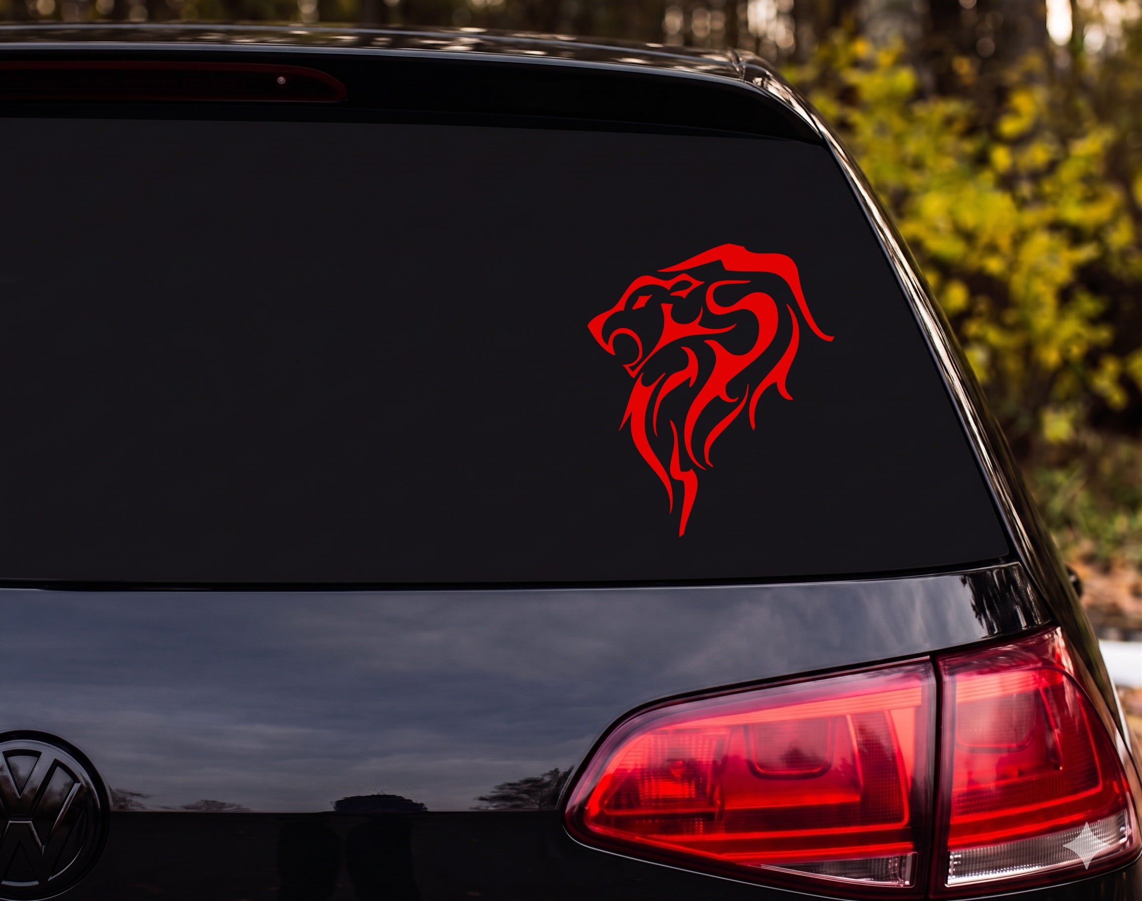 Tribal Lion Head Profile Silhouette Flame Mane Vinyl Decal Sticker Car Window - Red
