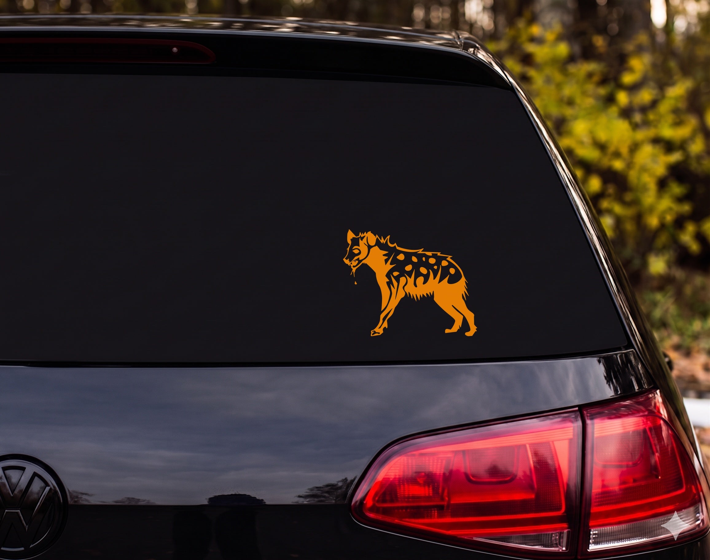 Spotted Hyena Walking Side Profile Tribal Woodcut Vinyl Decal Sticker Car - Orange