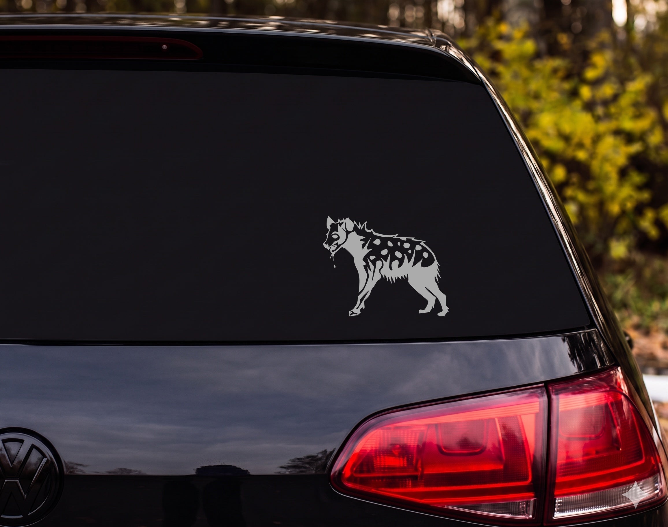 Spotted Hyena Walking Side Profile Tribal Woodcut Vinyl Decal Sticker Car - Silver