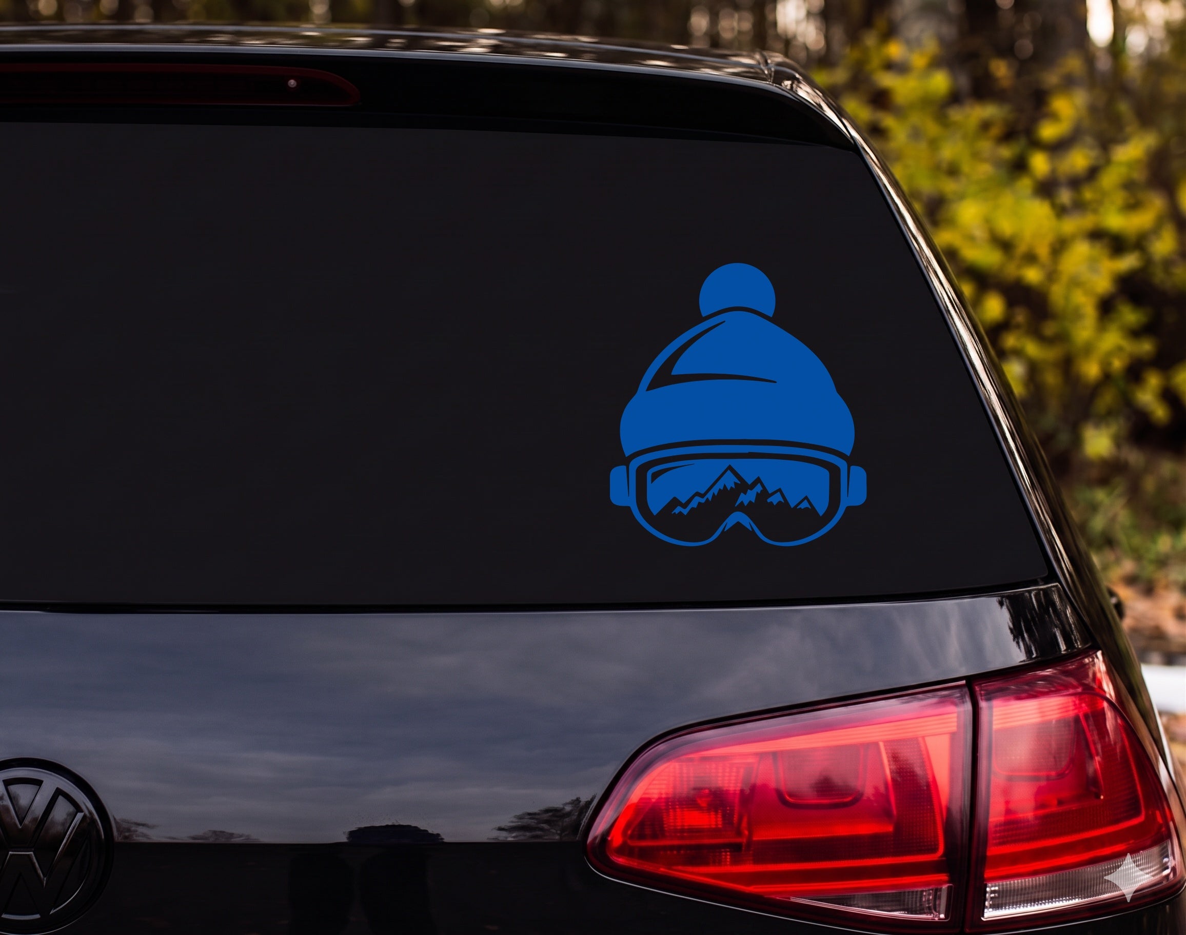 Ski Beanie Hat Goggles Mountain Reflection Silhouette Vinyl Decal Sticker - Blue