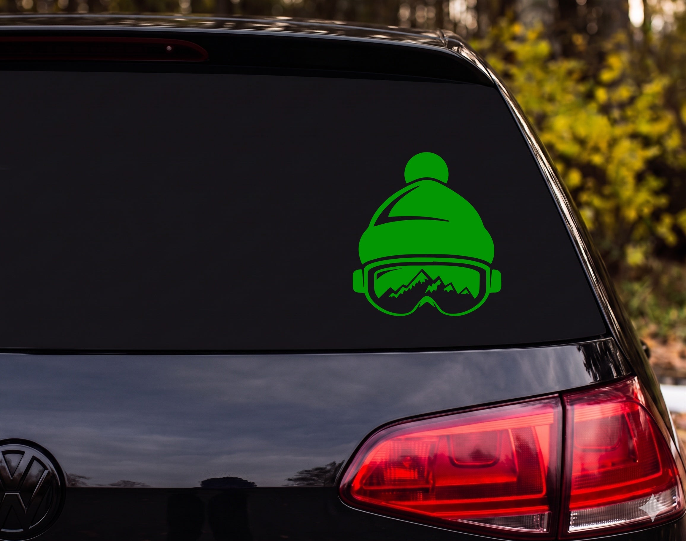 Ski Beanie Hat Goggles Mountain Reflection Silhouette Vinyl Decal Sticker - Green