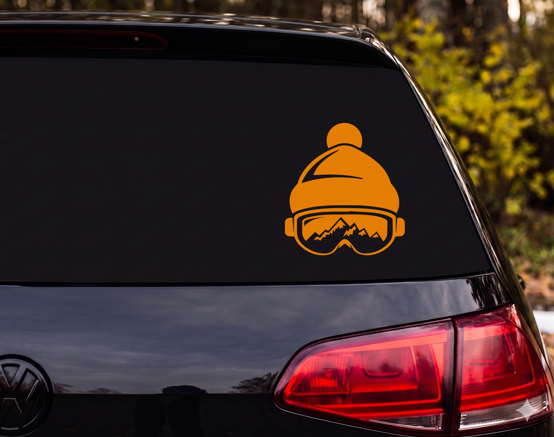 Ski Beanie Hat Goggles Mountain Reflection Silhouette Vinyl Decal Sticker - Orange