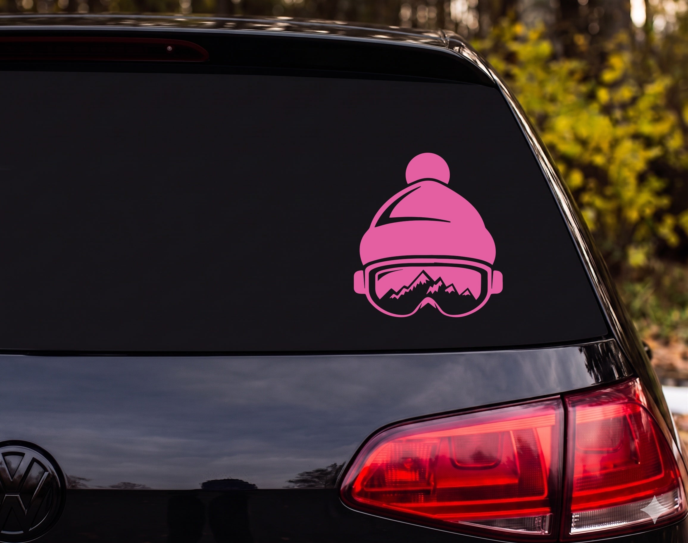 Ski Beanie Hat Goggles Mountain Reflection Silhouette Vinyl Decal Sticker - Pink