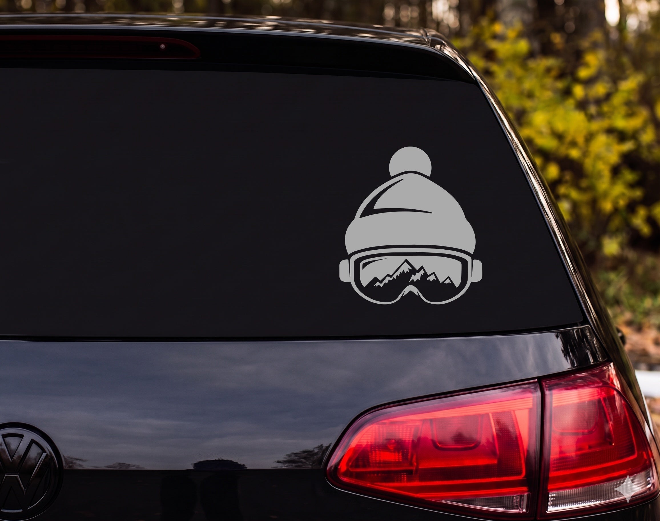 Ski Beanie Hat Goggles Mountain Reflection Silhouette Vinyl Decal Sticker - Silver