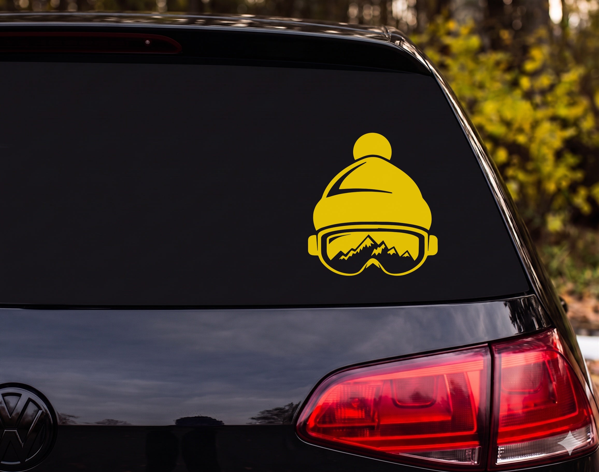 Ski Beanie Hat Goggles Mountain Reflection Silhouette Vinyl Decal Sticker - Yellow