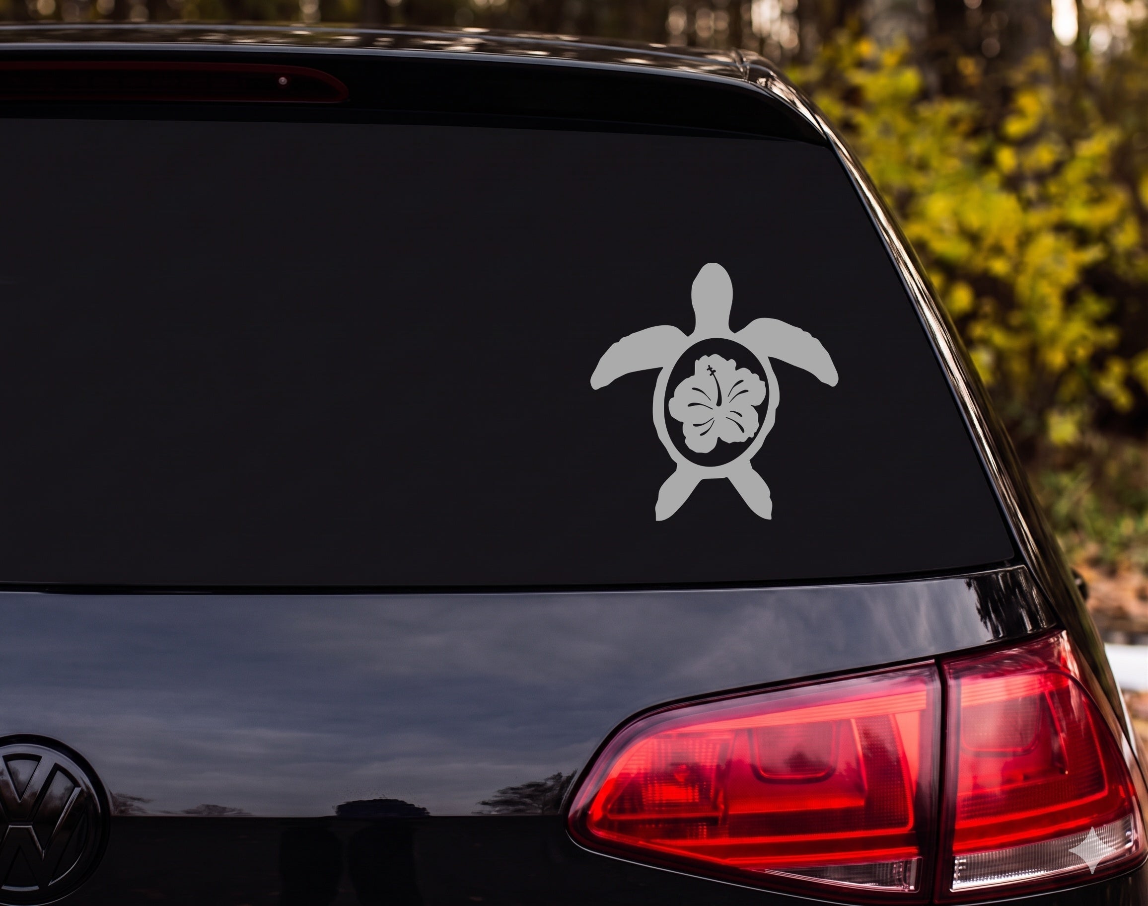 Sea Turtle Silhouette Hibiscus Shell Above View Vinyl Decal Sticker Car Laptop - Silver