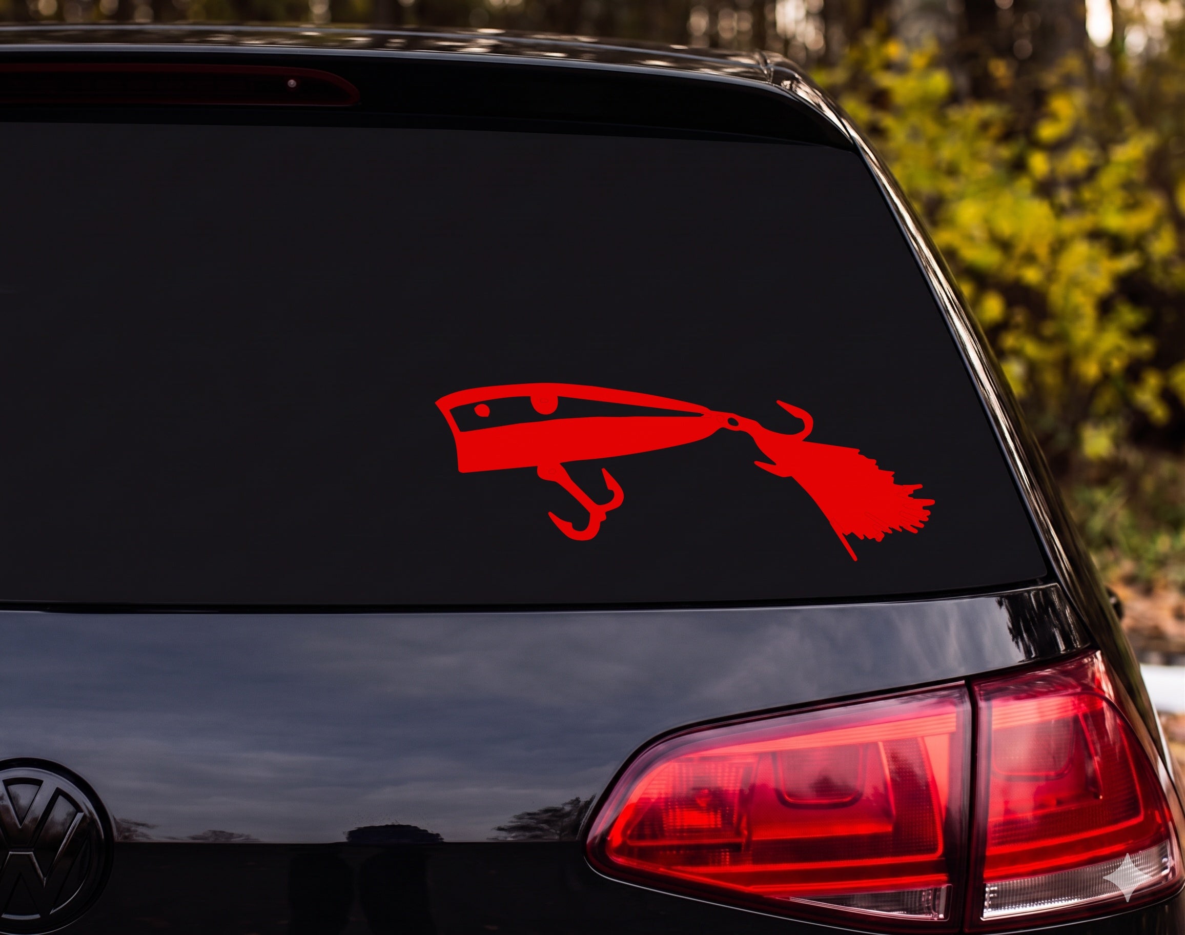 Fishing Lure Popper Plug Silhouette Treble Hook Feather Jig Vinyl Decal Sticker - Red
