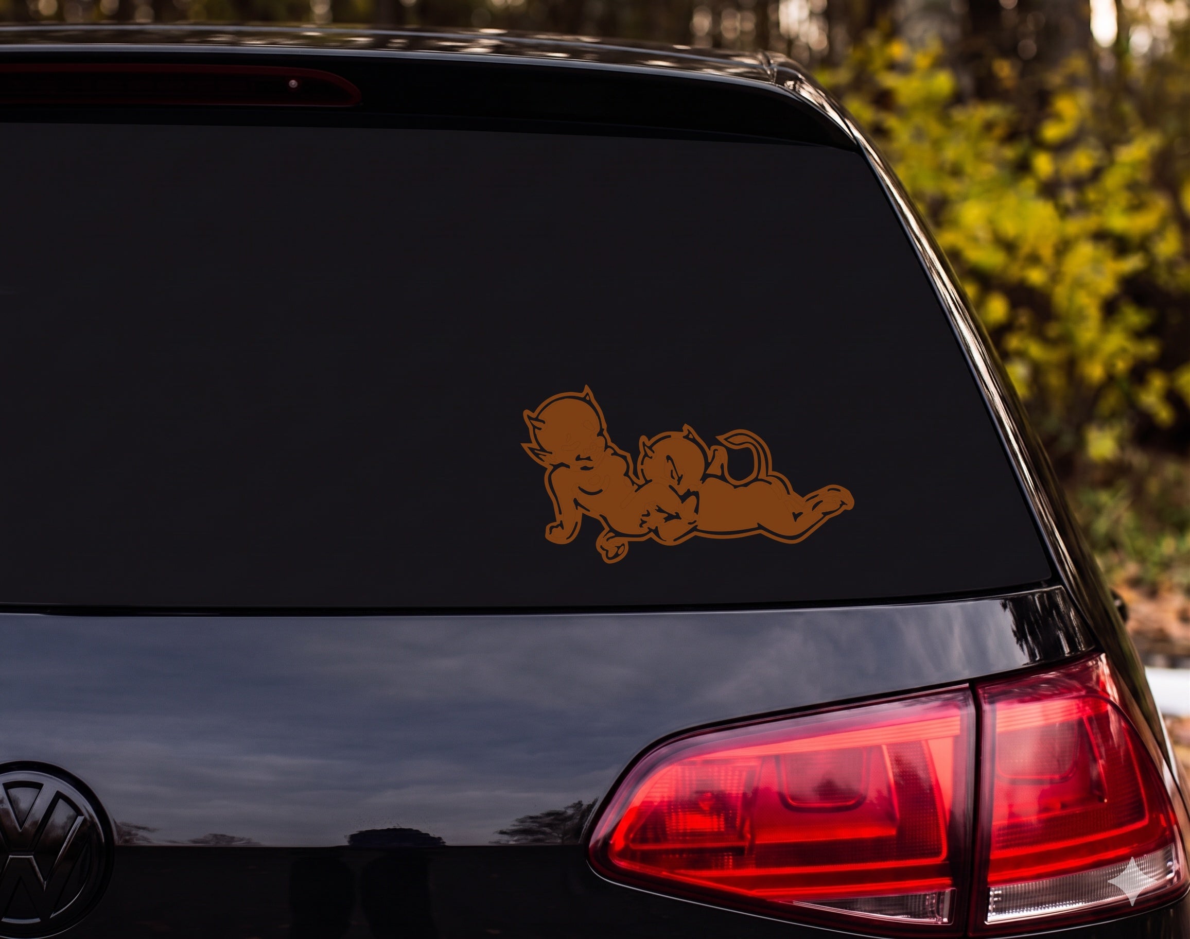 Twin Baby Devil Silhouette Cartoon Infant Horns Back to Back Vinyl Decal Sticker - Brown