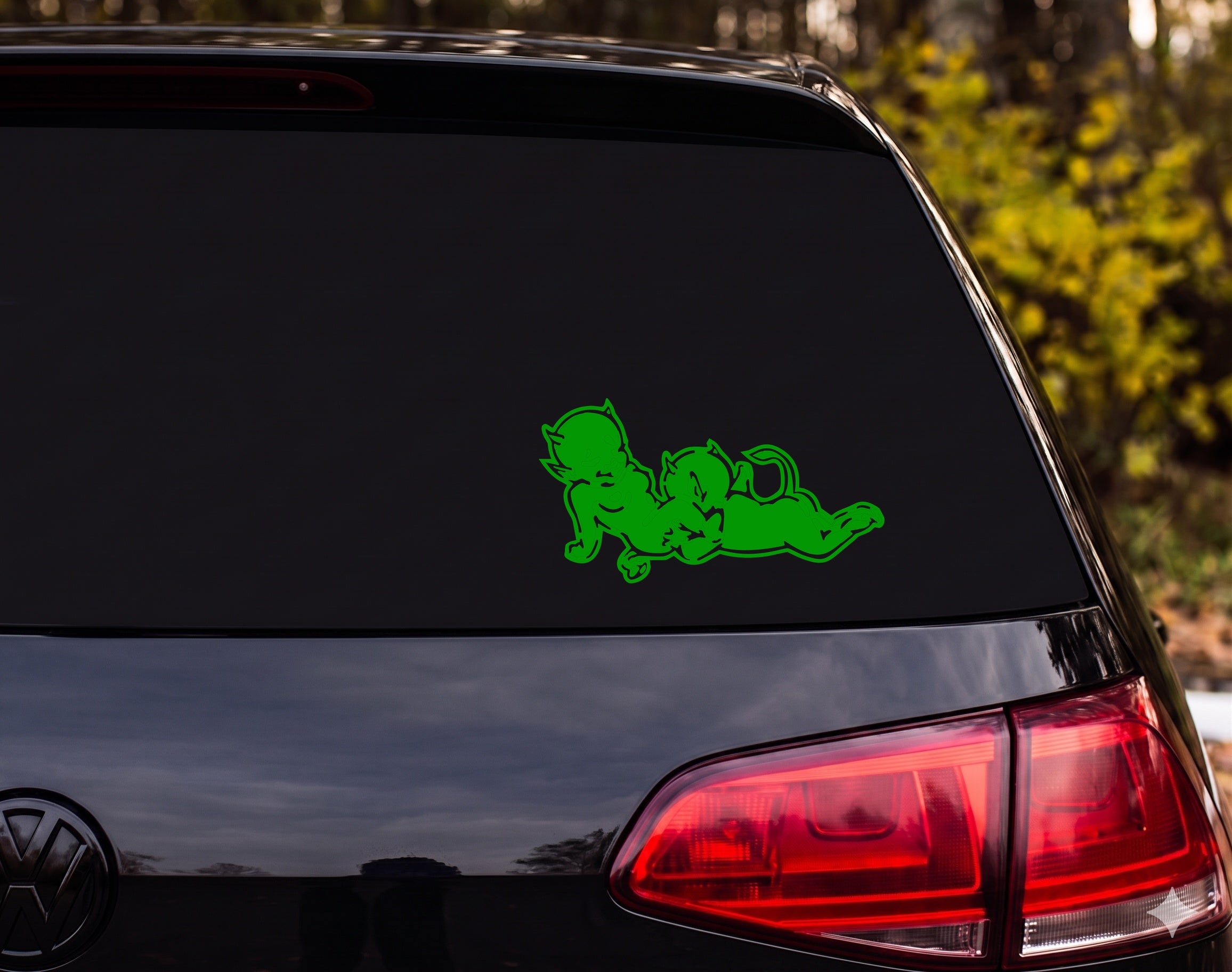 Twin Baby Devil Silhouette Cartoon Infant Horns Back to Back Vinyl Decal Sticker - Green