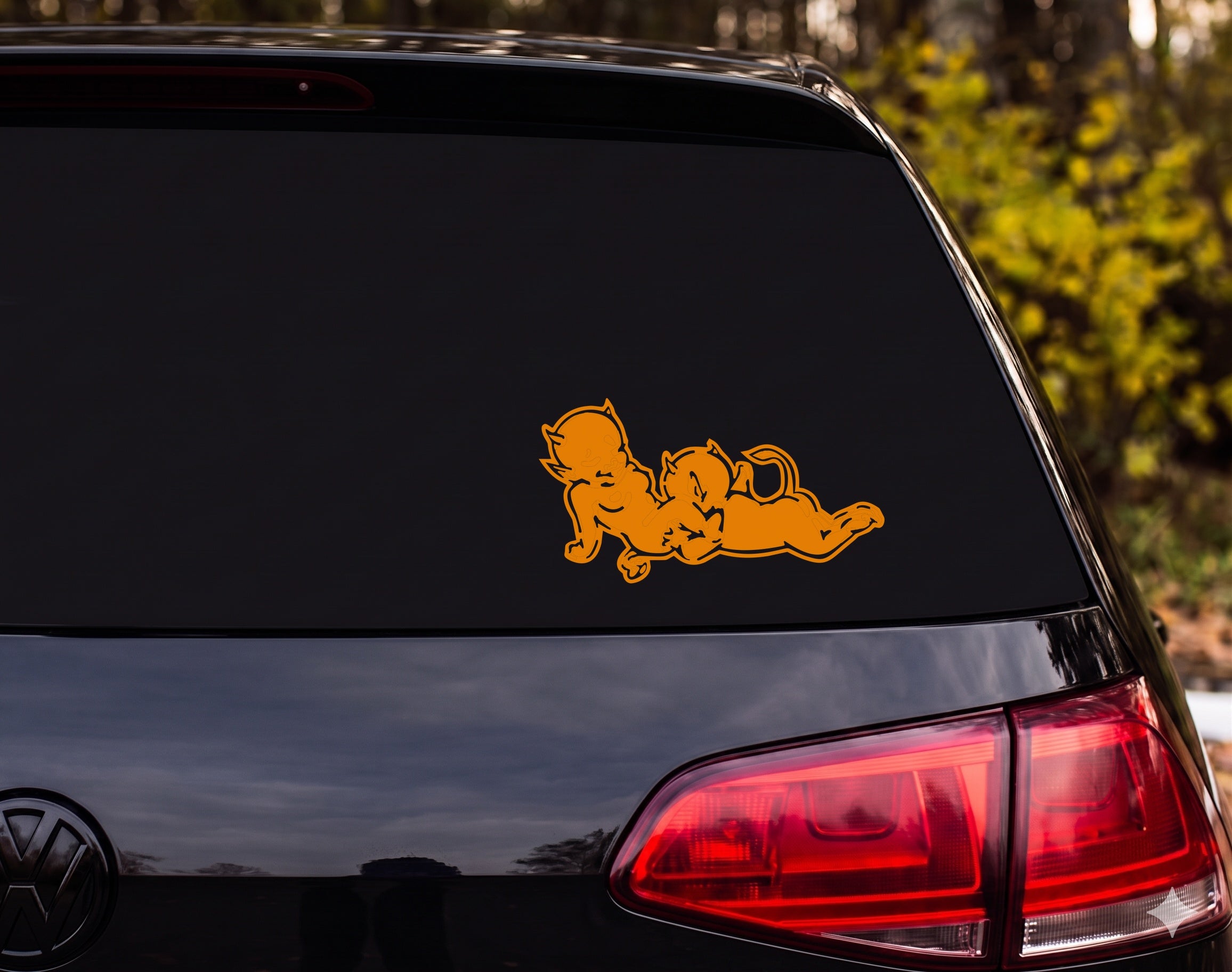 Twin Baby Devil Silhouette Cartoon Infant Horns Back to Back Vinyl Decal Sticker - Orange
