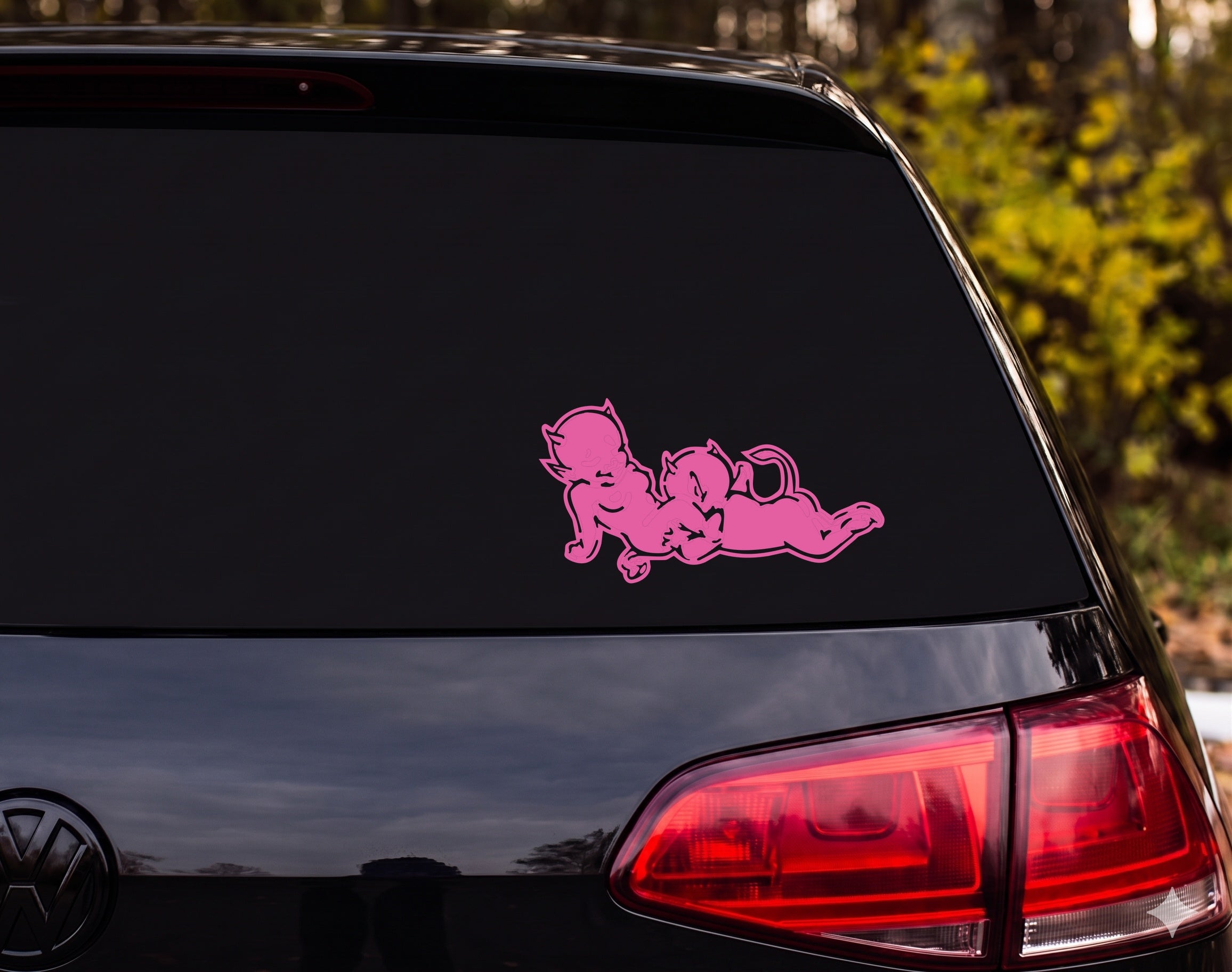 Twin Baby Devil Silhouette Cartoon Infant Horns Back to Back Vinyl Decal Sticker - Pink