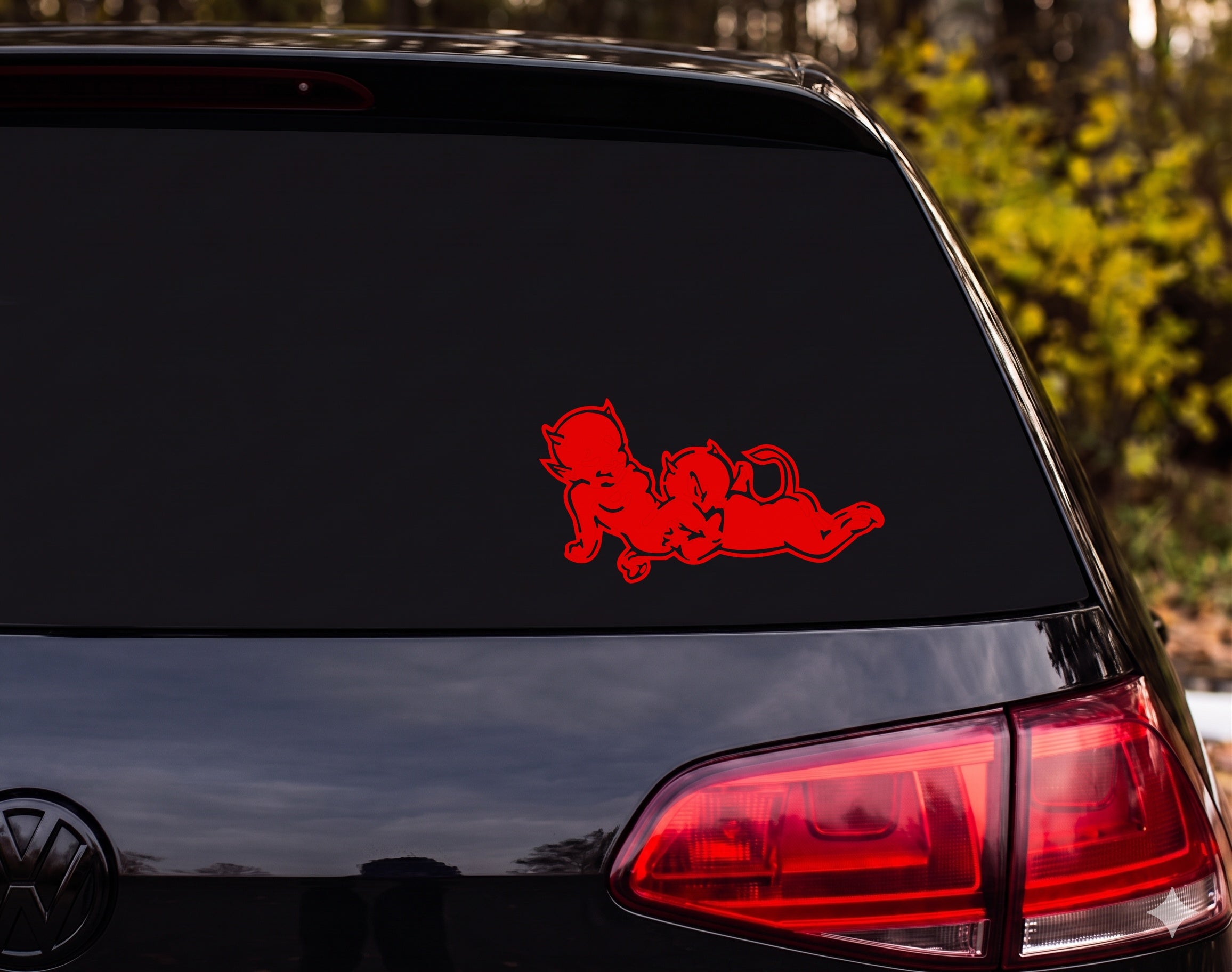 Twin Baby Devil Silhouette Cartoon Infant Horns Back to Back Vinyl Decal Sticker - Red