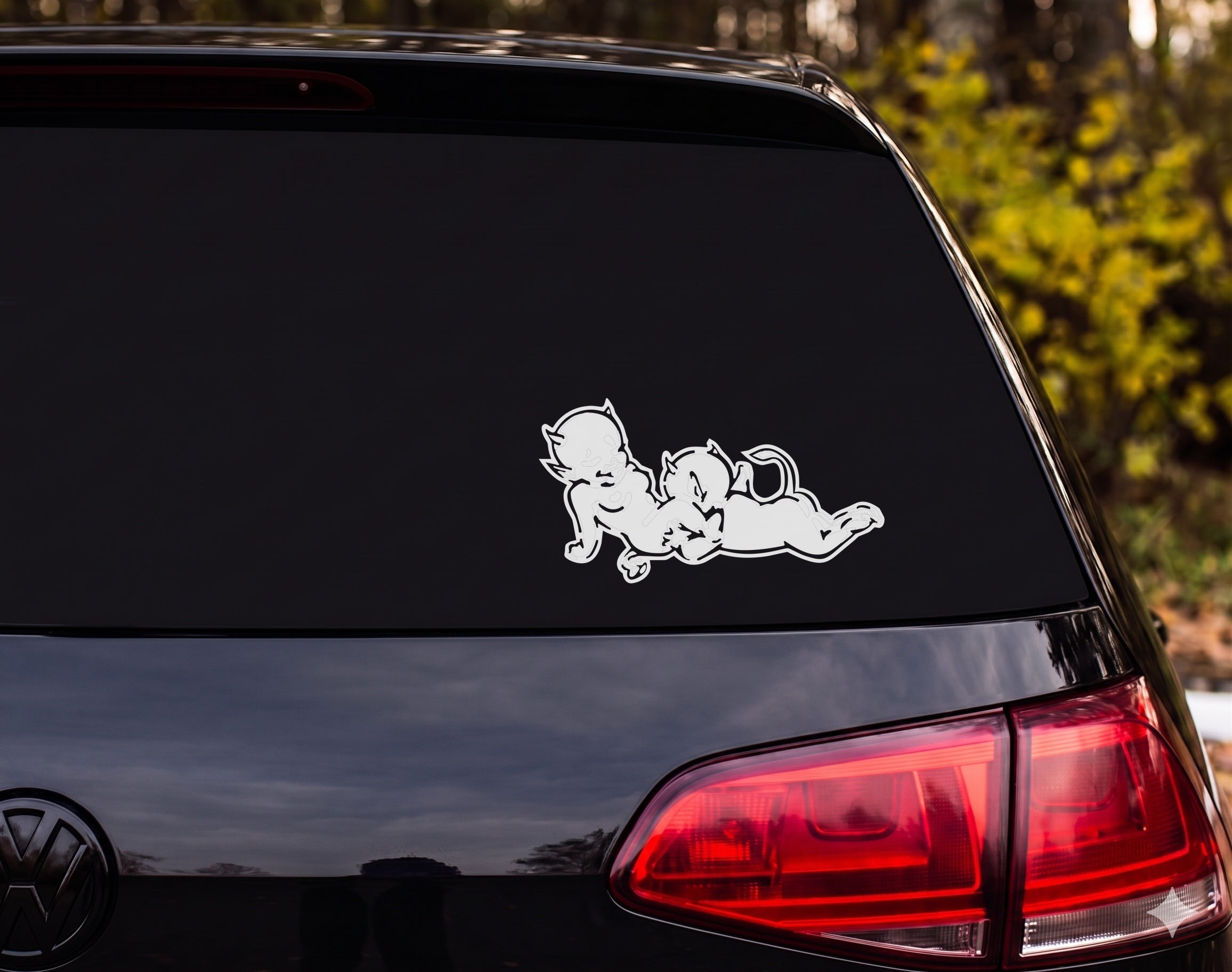 Twin Baby Devil Silhouette Cartoon Infant Horns Back to Back Vinyl Decal Sticker - White