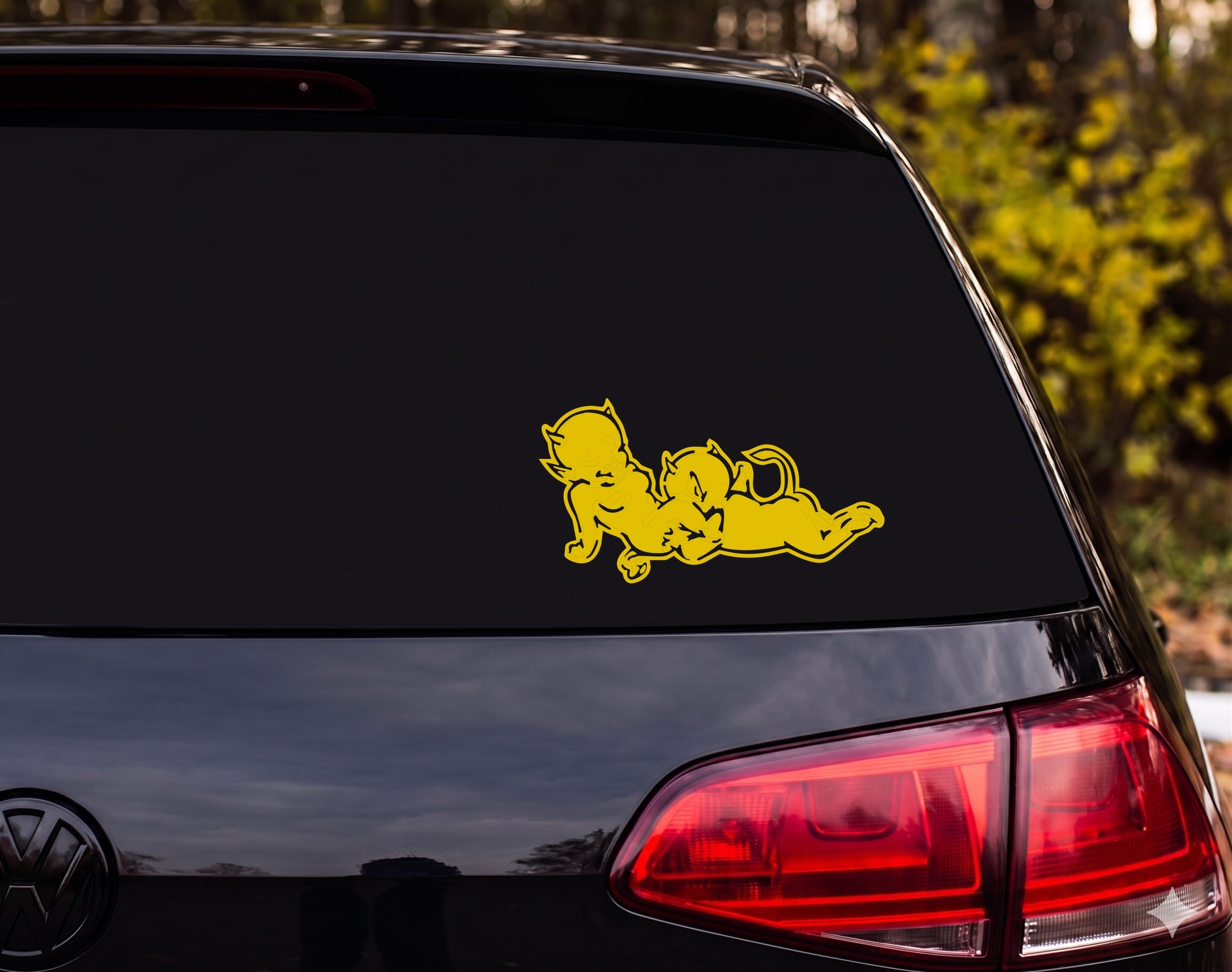 Twin Baby Devil Silhouette Cartoon Infant Horns Back to Back Vinyl Decal Sticker - Yellow