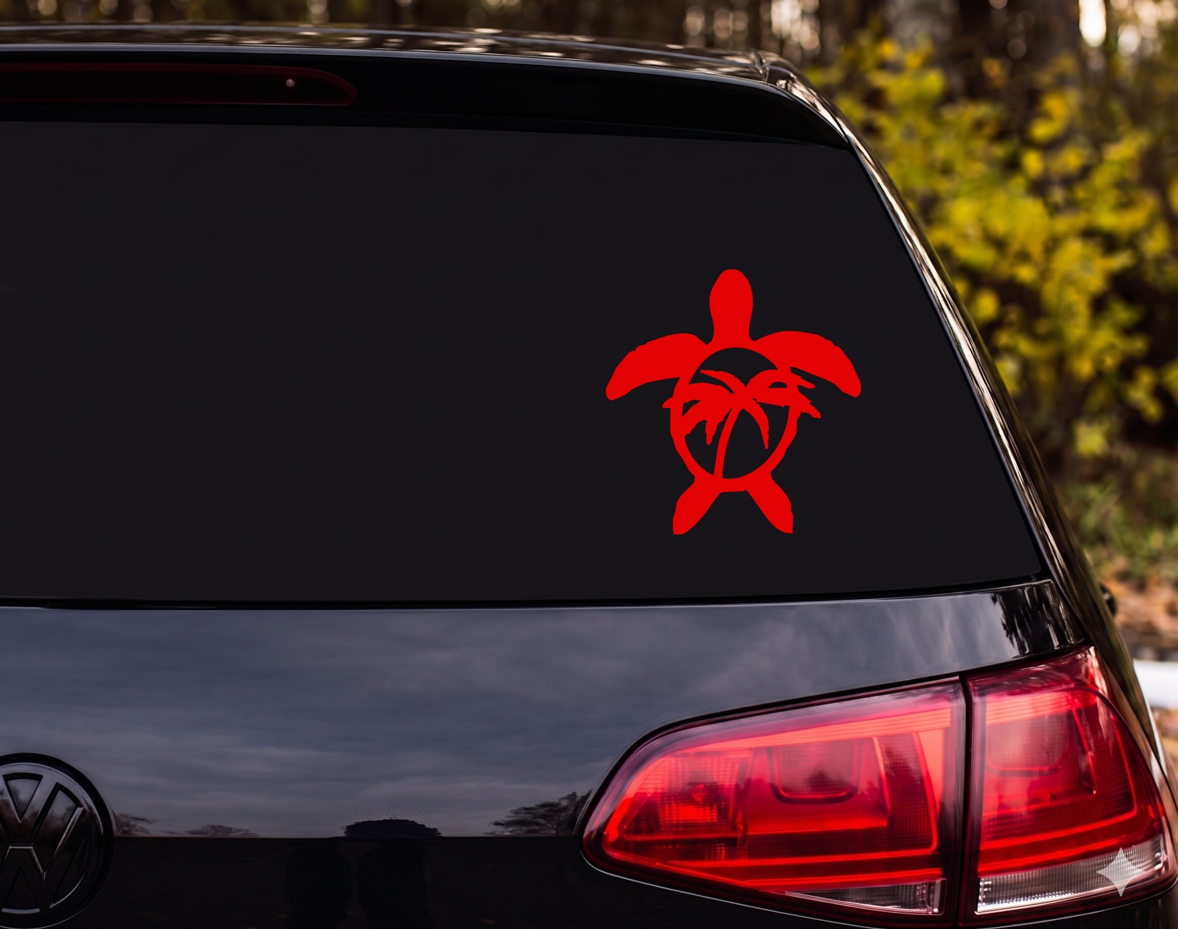 Sea Turtle Silhouette Palm Trees Circle Body Ring Vinyl Decal Sticker Car - Red