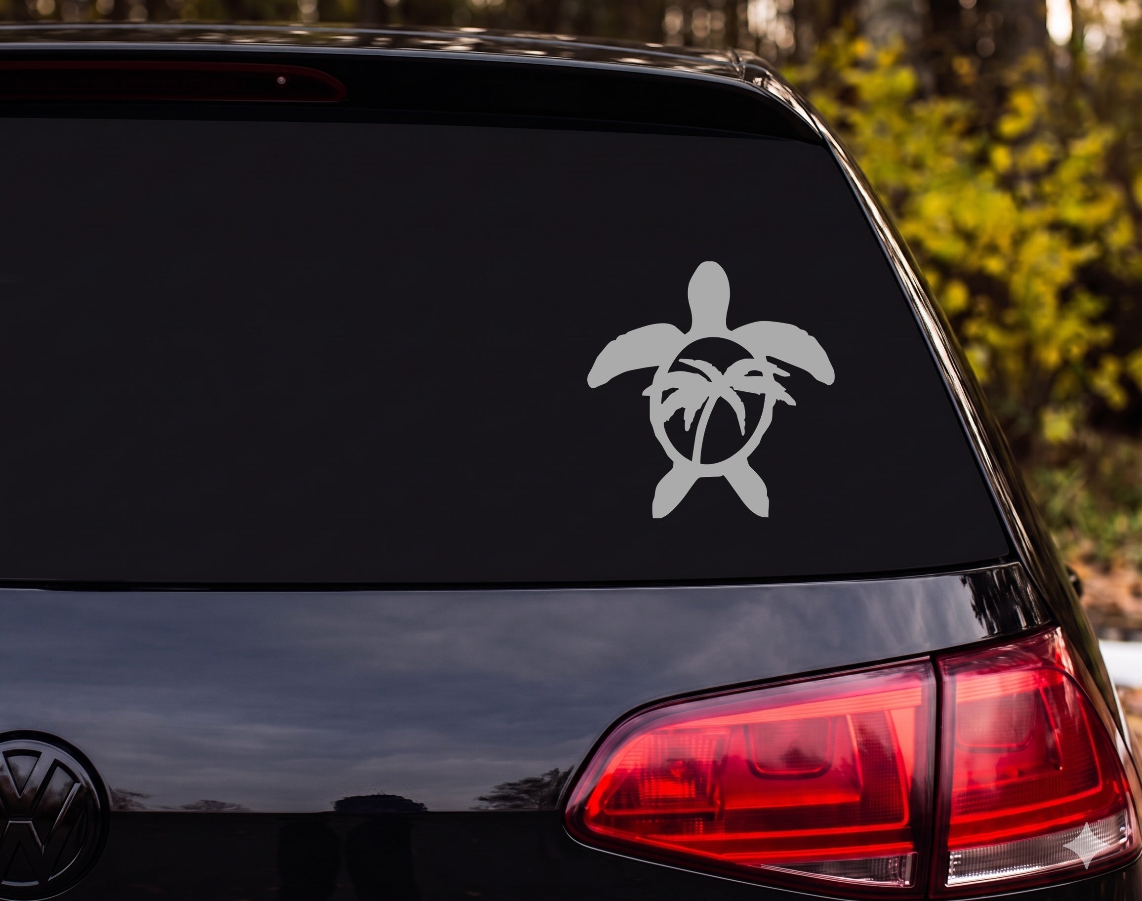 Sea Turtle Silhouette Palm Trees Circle Body Ring Vinyl Decal Sticker Car - Silver