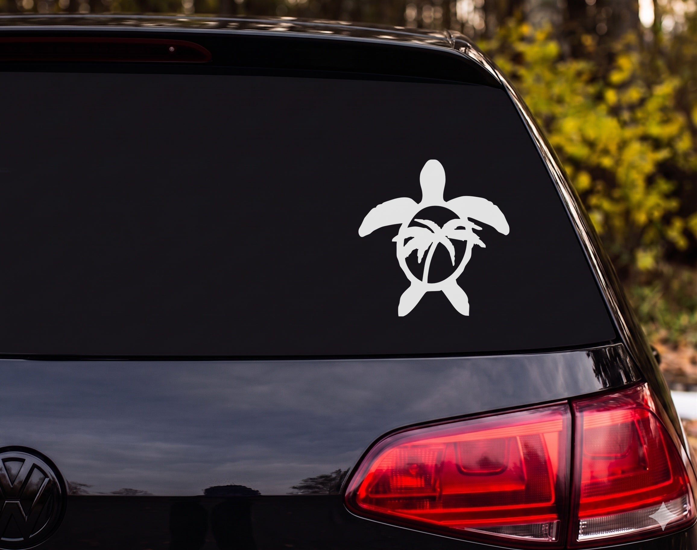 Sea Turtle Silhouette Palm Trees Circle Body Ring Vinyl Decal Sticker Car - White