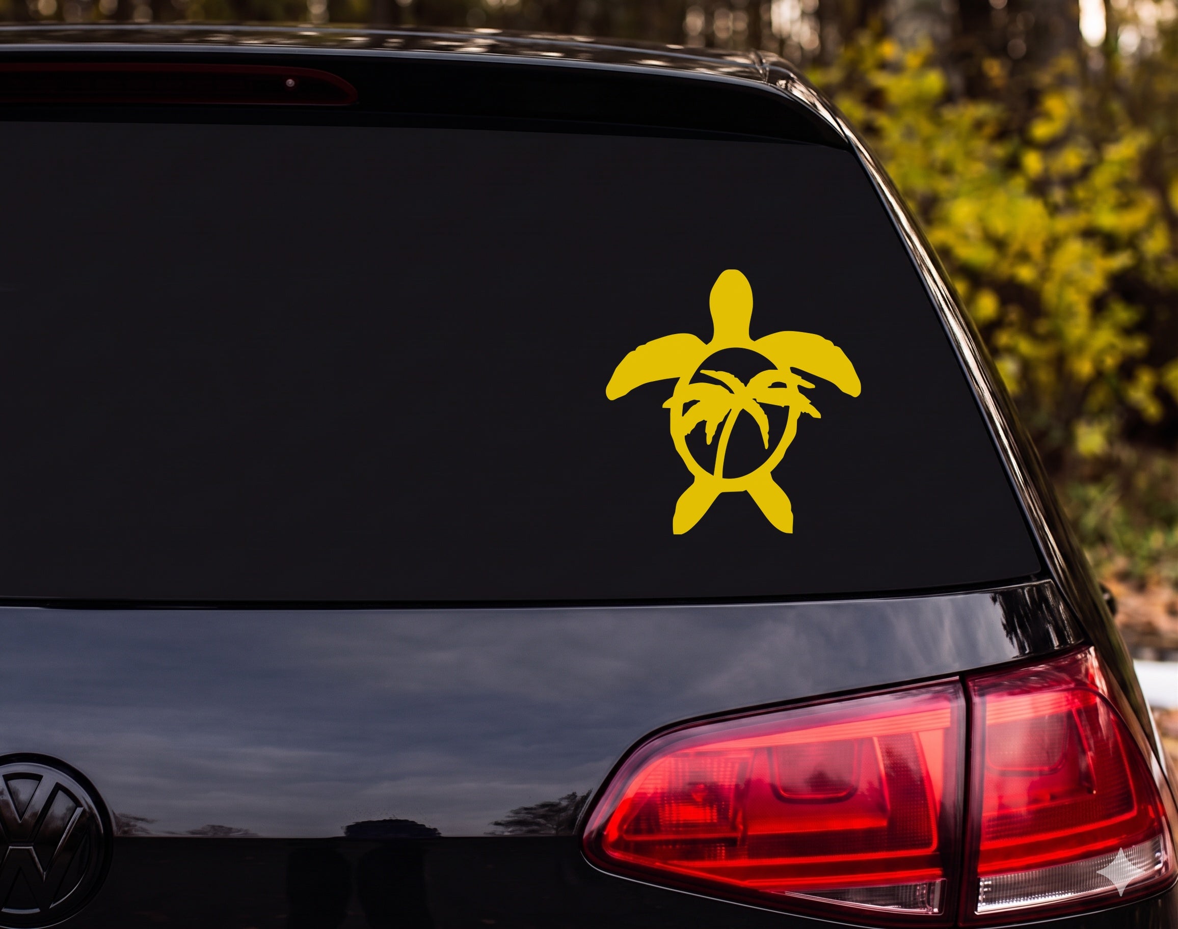 Sea Turtle Silhouette Palm Trees Circle Body Ring Vinyl Decal Sticker Car - Yellow