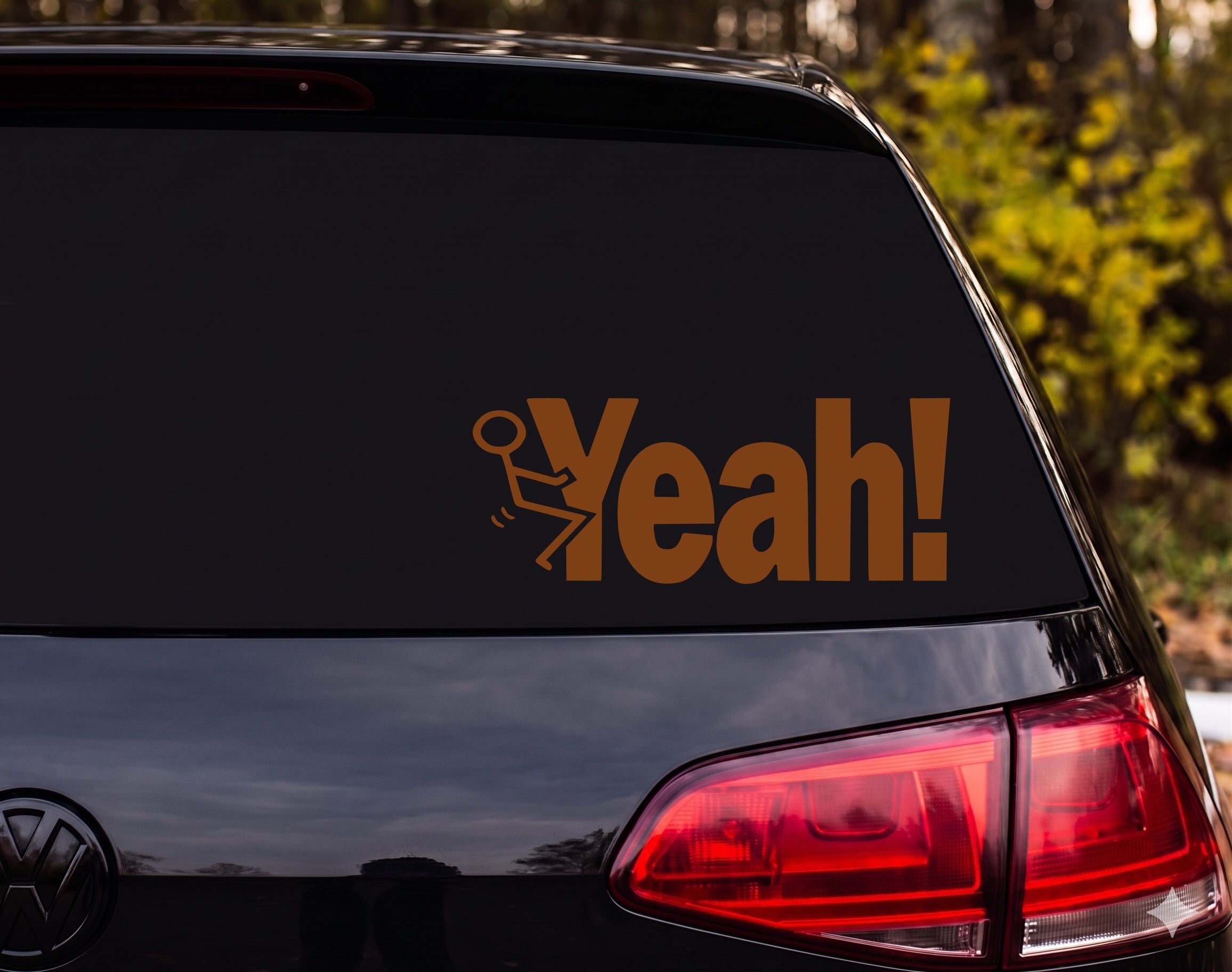 Yeah! Stick Figure Kicked by Text Motion Lines Cartoon Vinyl Decal Sticker - Brown