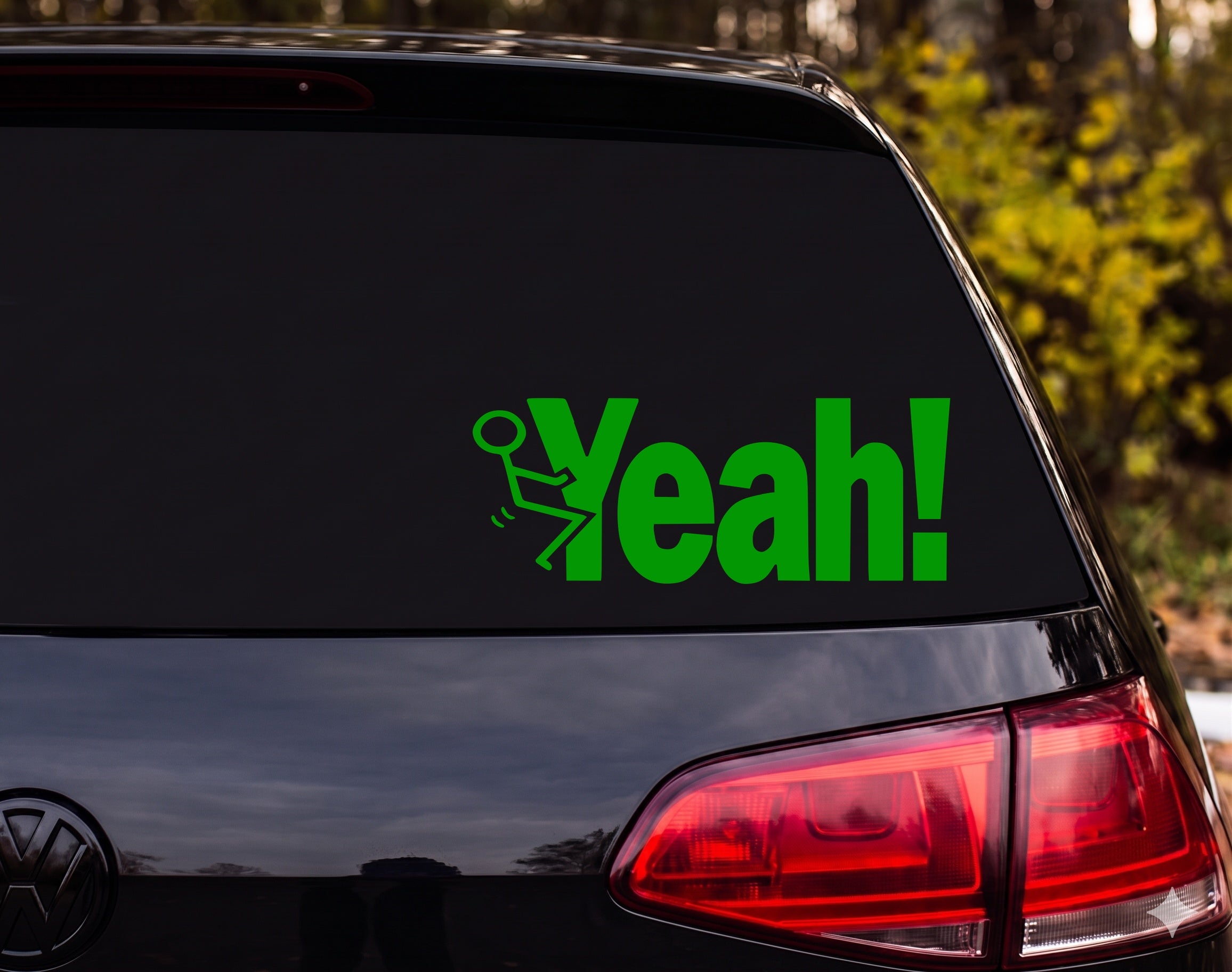 Yeah! Stick Figure Kicked by Text Motion Lines Cartoon Vinyl Decal Sticker - Green