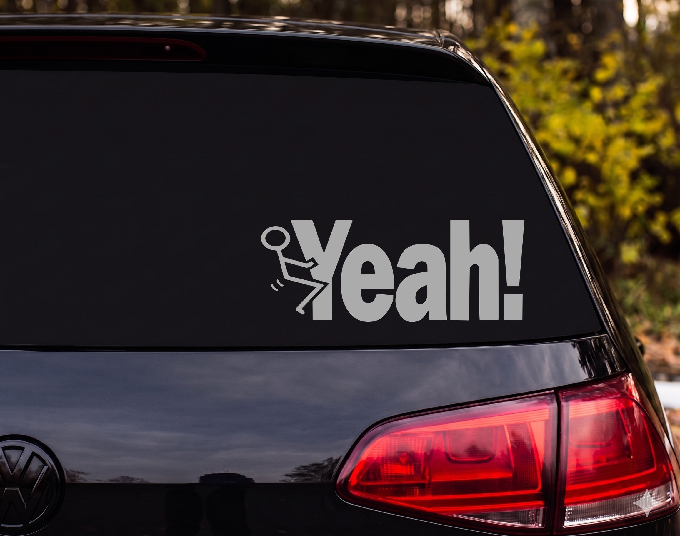 Yeah! Stick Figure Kicked by Text Motion Lines Cartoon Vinyl Decal Sticker - Silver