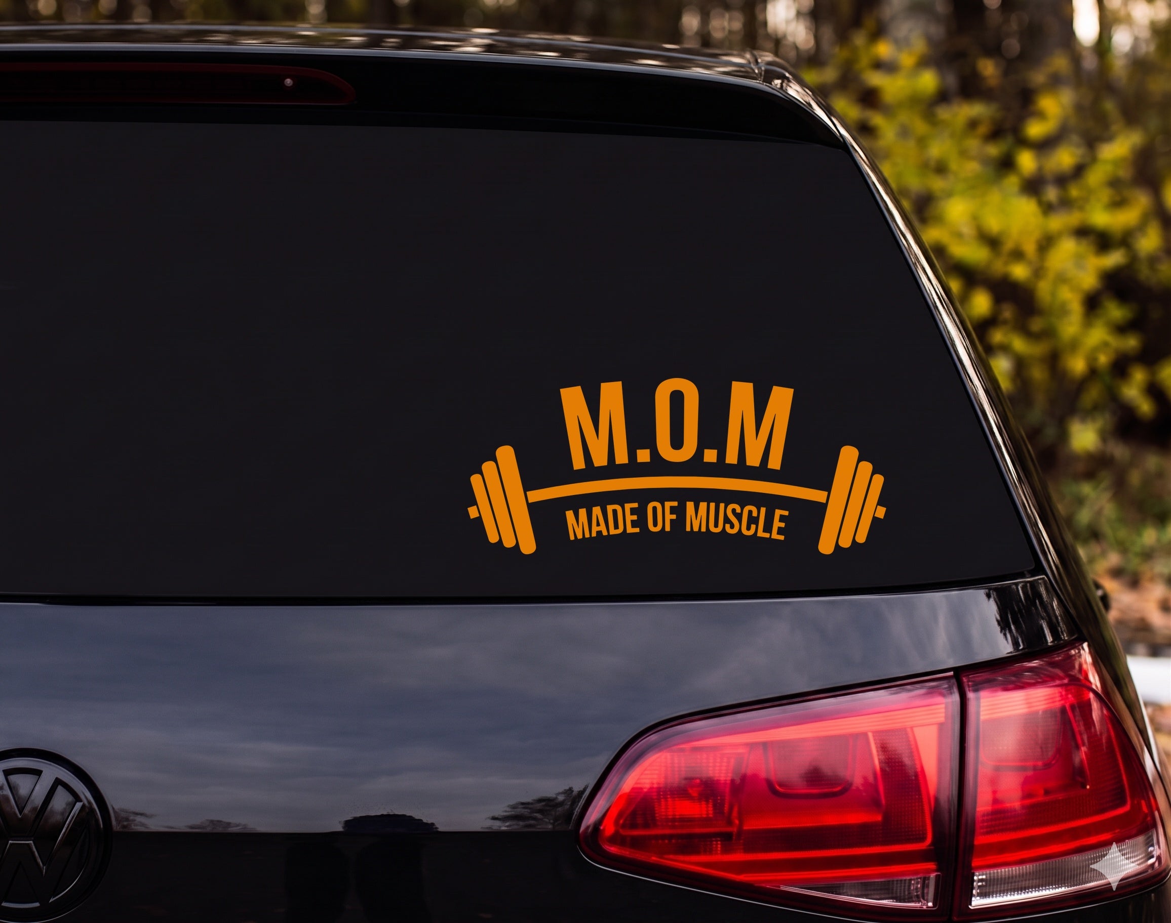 M.O.M Made Of Muscle Curved Barbell Silhouette Vinyl Decal Sticker - Orange