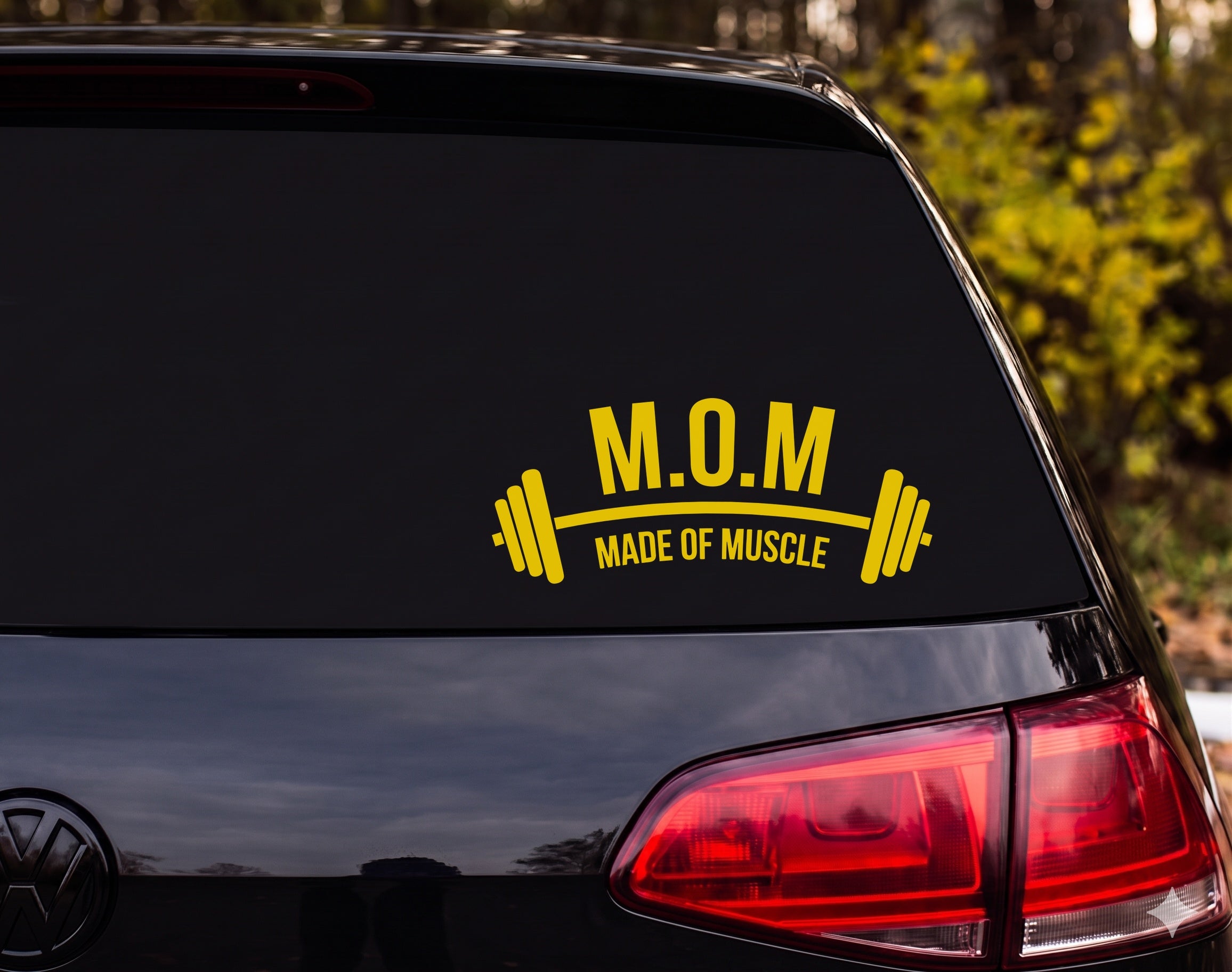 M.O.M Made Of Muscle Curved Barbell Silhouette Vinyl Decal Sticker - Yellow