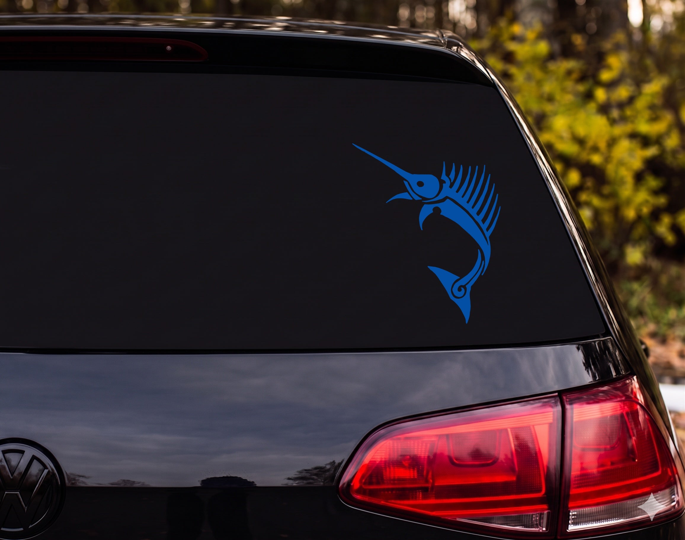 Sailfish Leaping Tribal Tattoo Silhouette Vinyl Decal Sticker Car Window - Blue