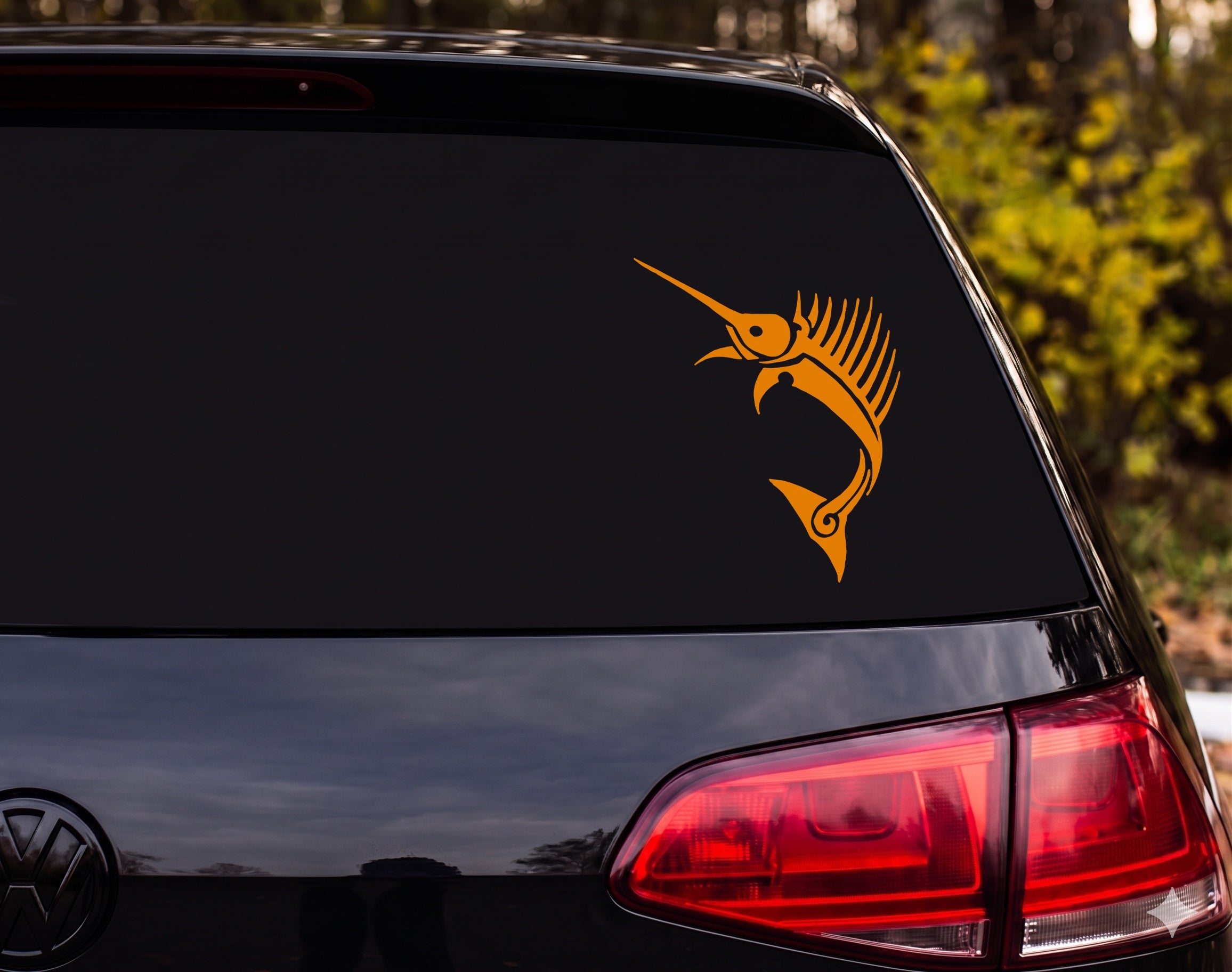 Sailfish Leaping Tribal Tattoo Silhouette Vinyl Decal Sticker Car Window - Orange