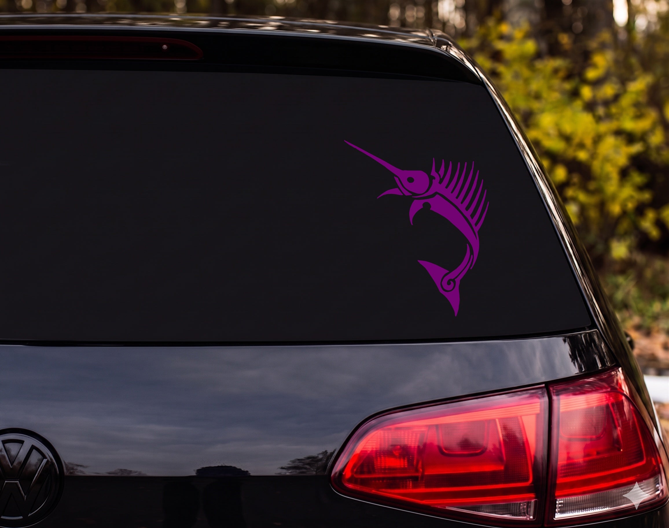 Sailfish Leaping Tribal Tattoo Silhouette Vinyl Decal Sticker Car Window - Purple