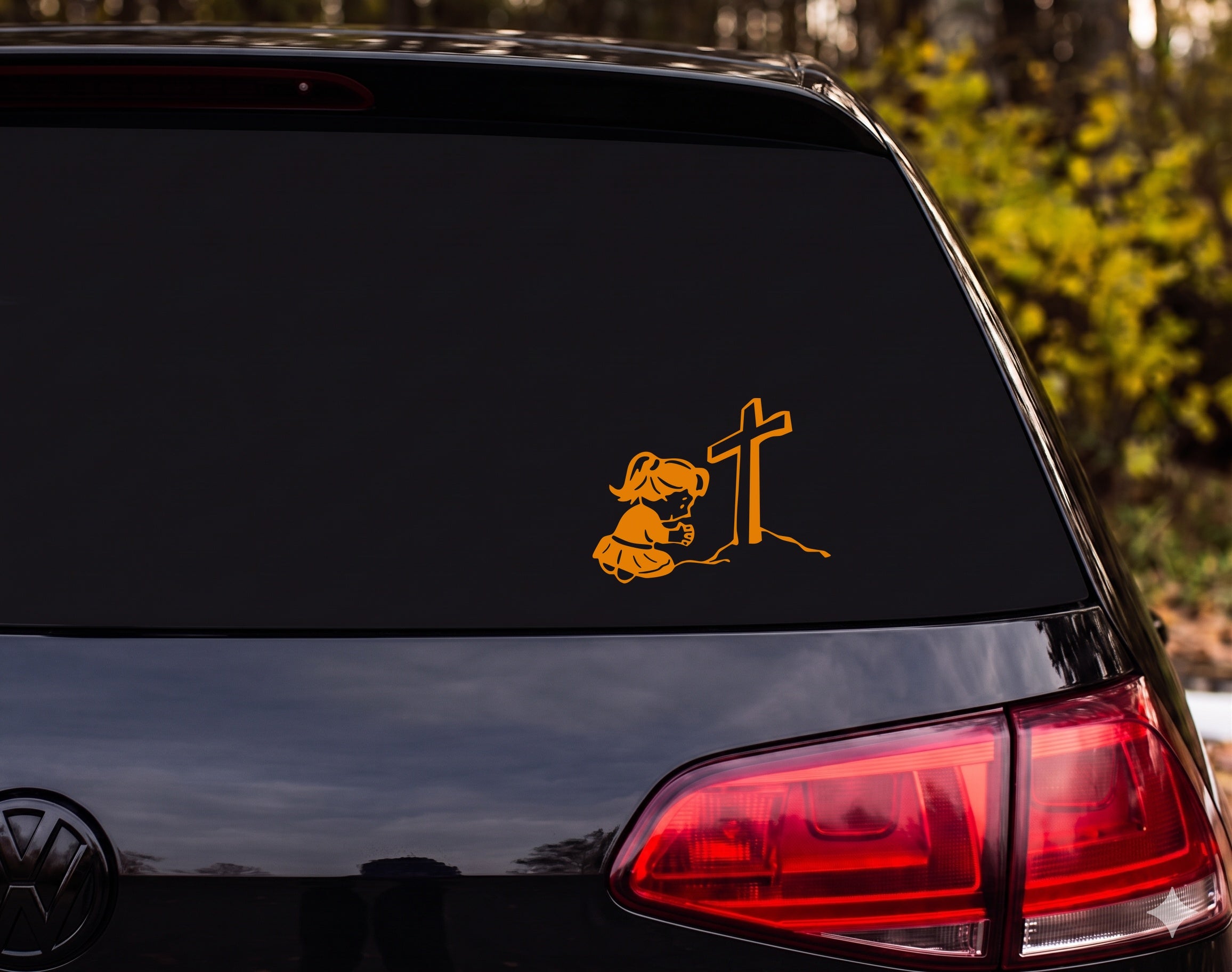 Girl Praying Kneeling Cross Pigtails Cartoon Vinyl Decal Sticker Car Window - Orange